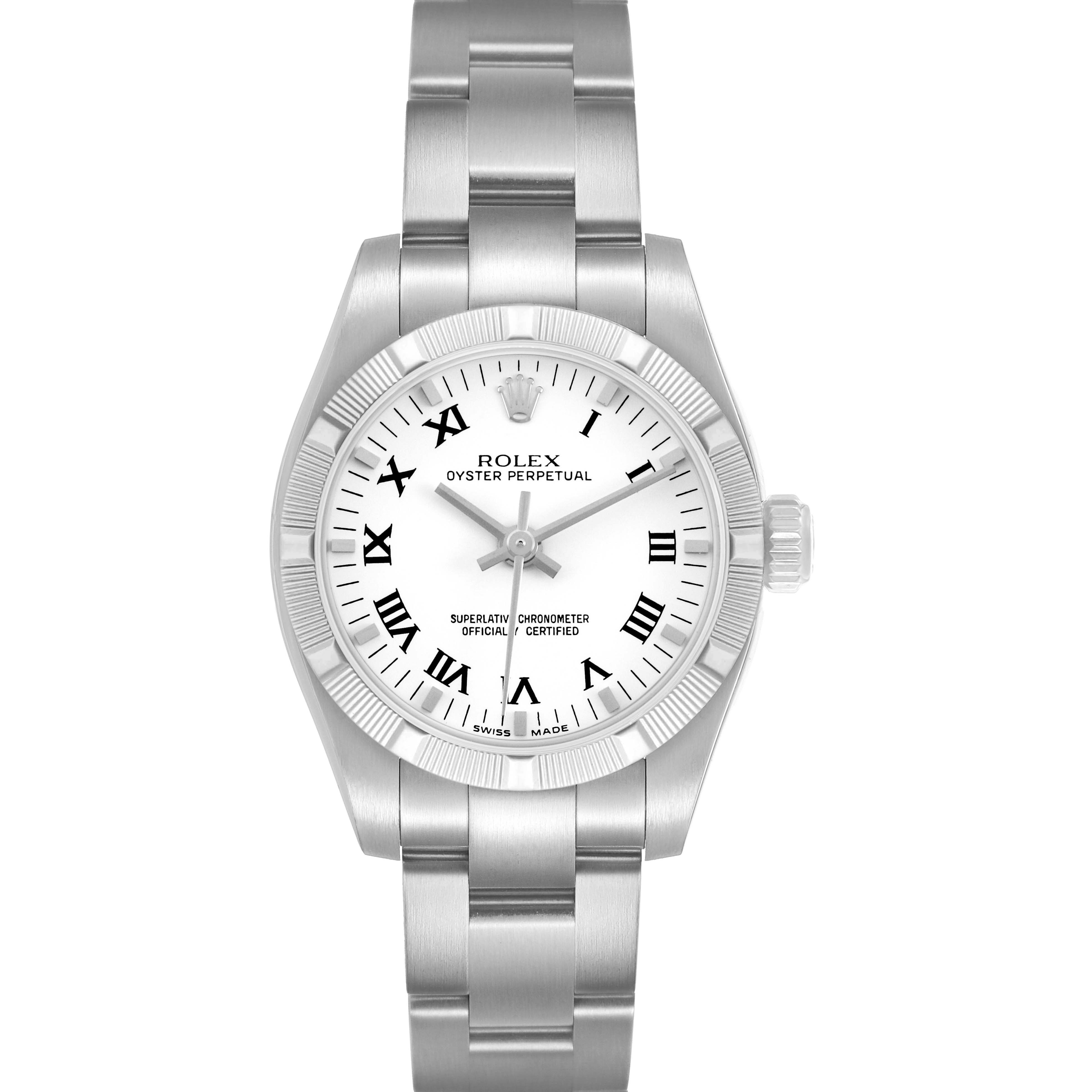 The Rolex Oyster Perpetual 176210 Women's Stainless Steel White Dial watch is shown from a top-down angle, highlighting the bracelet, bezel, dial, and crown.