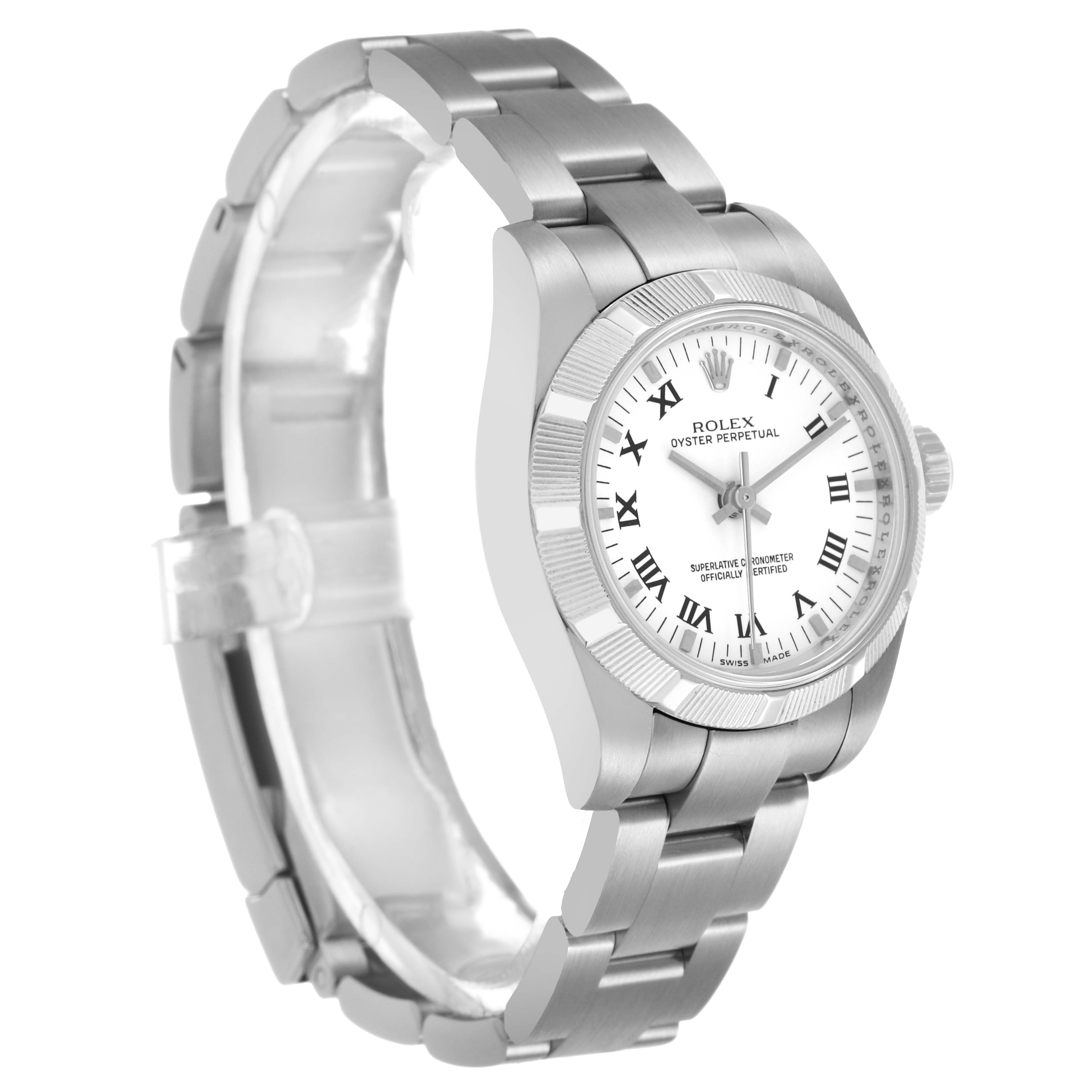 The Rolex Oyster Perpetual 176210 Women's Stainless Steel White Dial watch is shown at a three-quarter angle, displaying its face, bezel, and bracelet.