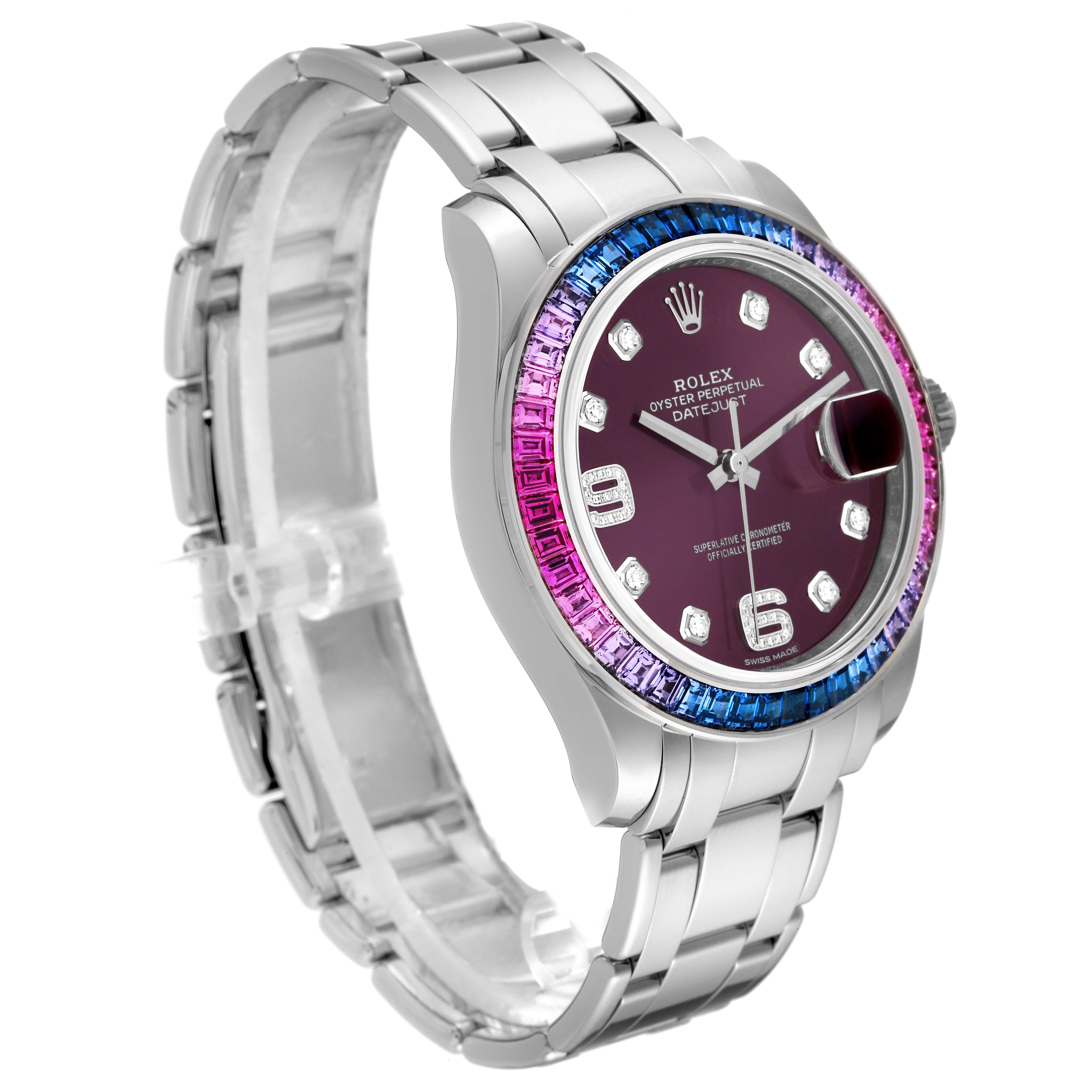 The image shows a Rolex Pearlmaster 86349SAFUBL Men
s White Gold Purple Dial 86349SAFUBL Men
s White Gold Purple Dial watch angled to display the face, bracelet, and bezel with colored gems.