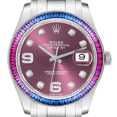 The image shows a frontal view of the Rolex Pearlmaster watch, showcasing its purple dial and a colorful gemstone-encrusted bezel.