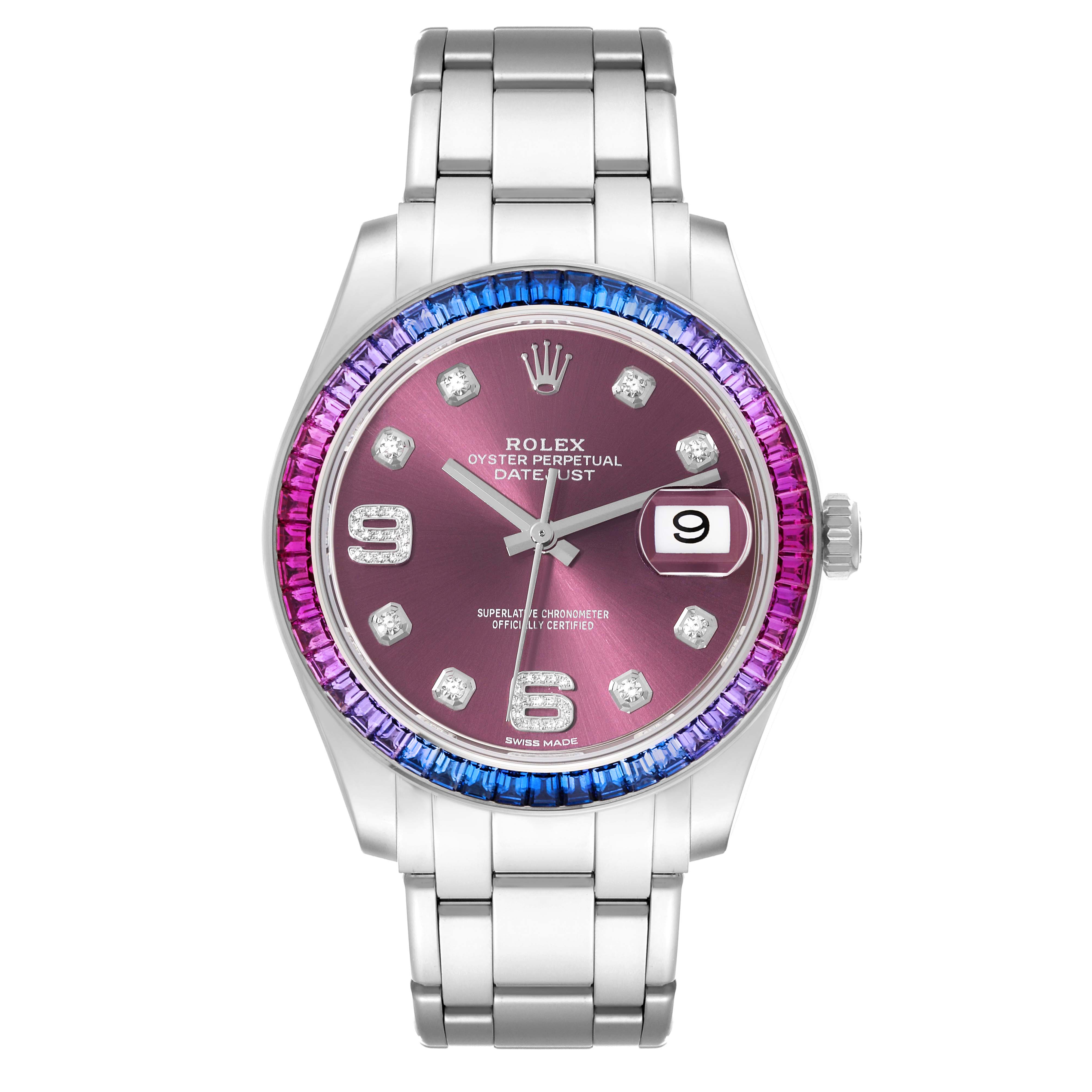 This image shows a frontal view of a Rolex Pearlmaster 86349SAFUBL Men
s White Gold Purple Dial 86349SAFUBL Men
s White Gold Purple Dial watch with a red dial and multicolored gemstone bezel.
