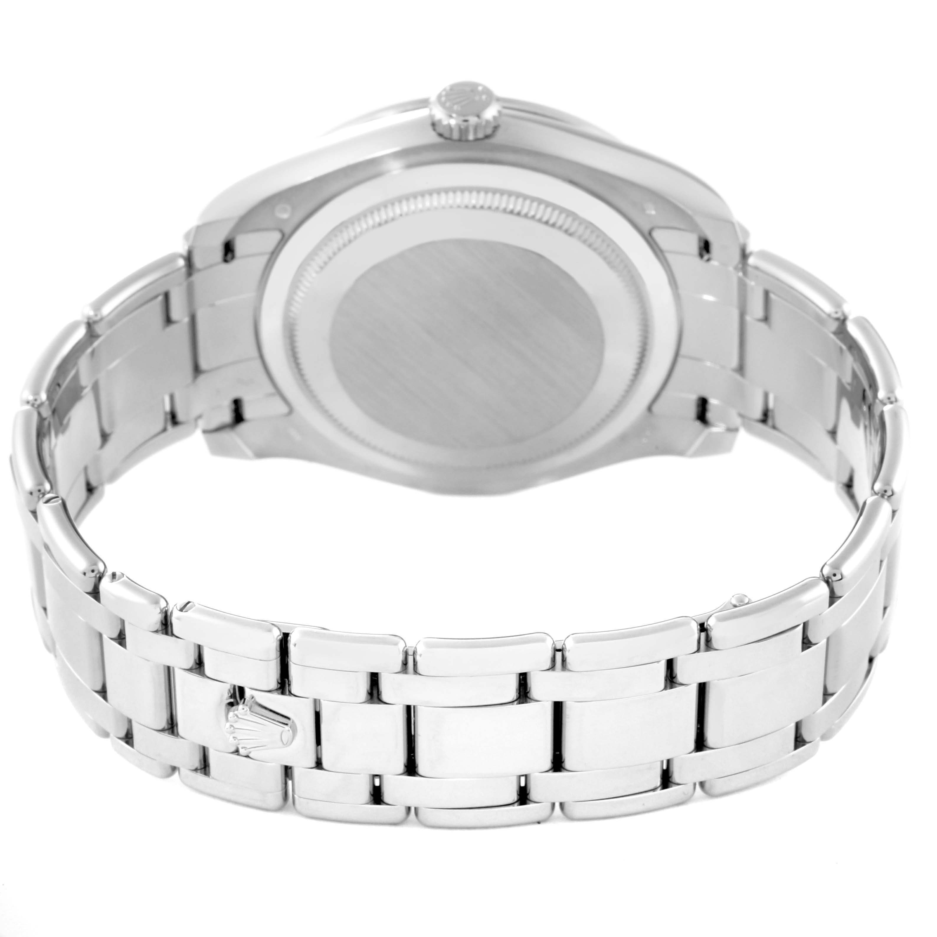 This image shows the back case and bracelet of a Rolex Pearlmaster 86349SAFUBL Men
s White Gold Purple Dial 86349SAFUBL Men
s White Gold Purple Dial watch from a rear angle.