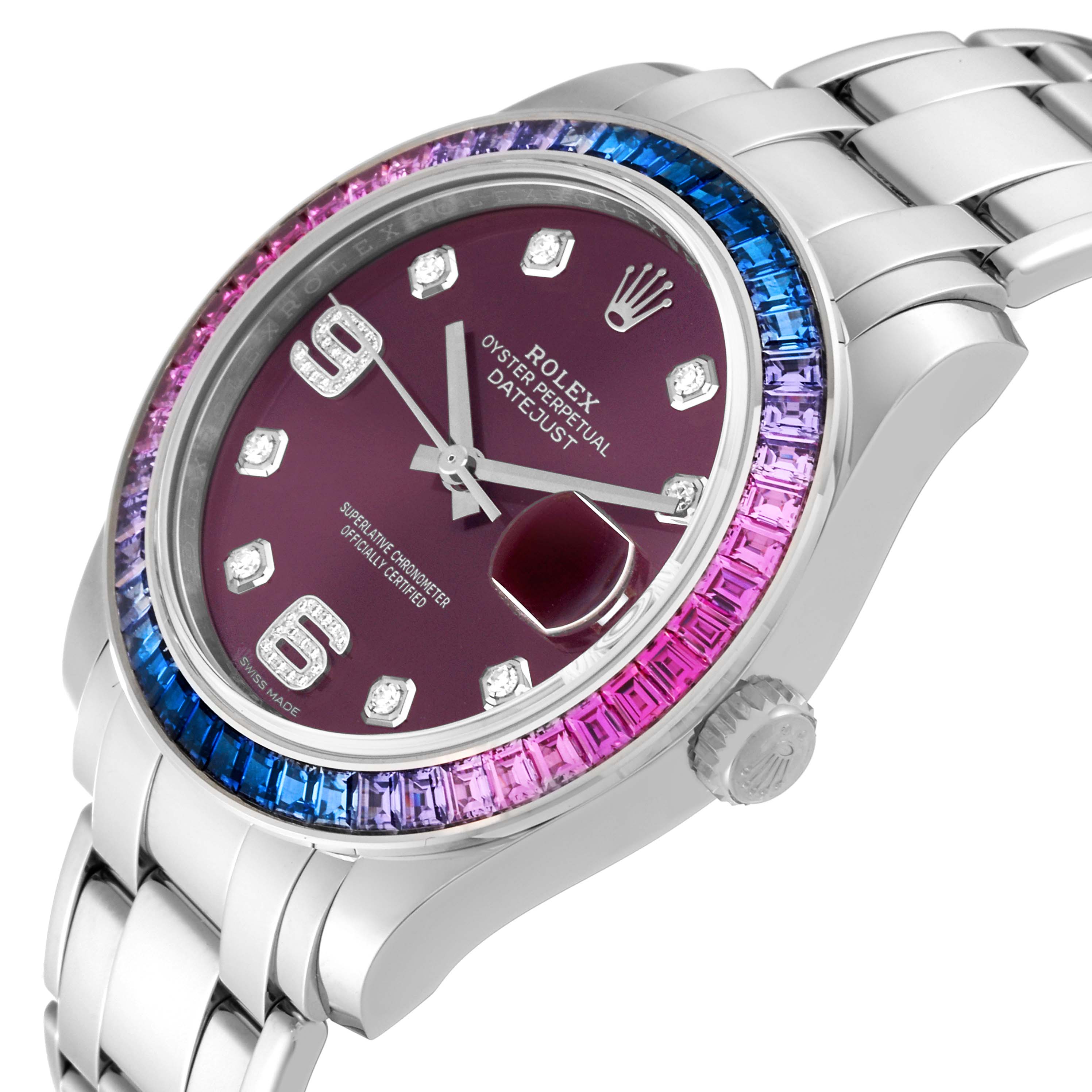 The image shows a Rolex Pearlmaster 86349SAFUBL Men
s White Gold Purple Dial 86349SAFUBL Men
s White Gold Purple Dial watch at a slight angle, highlighting its bezel, dial, crown, and part of the bracelet.