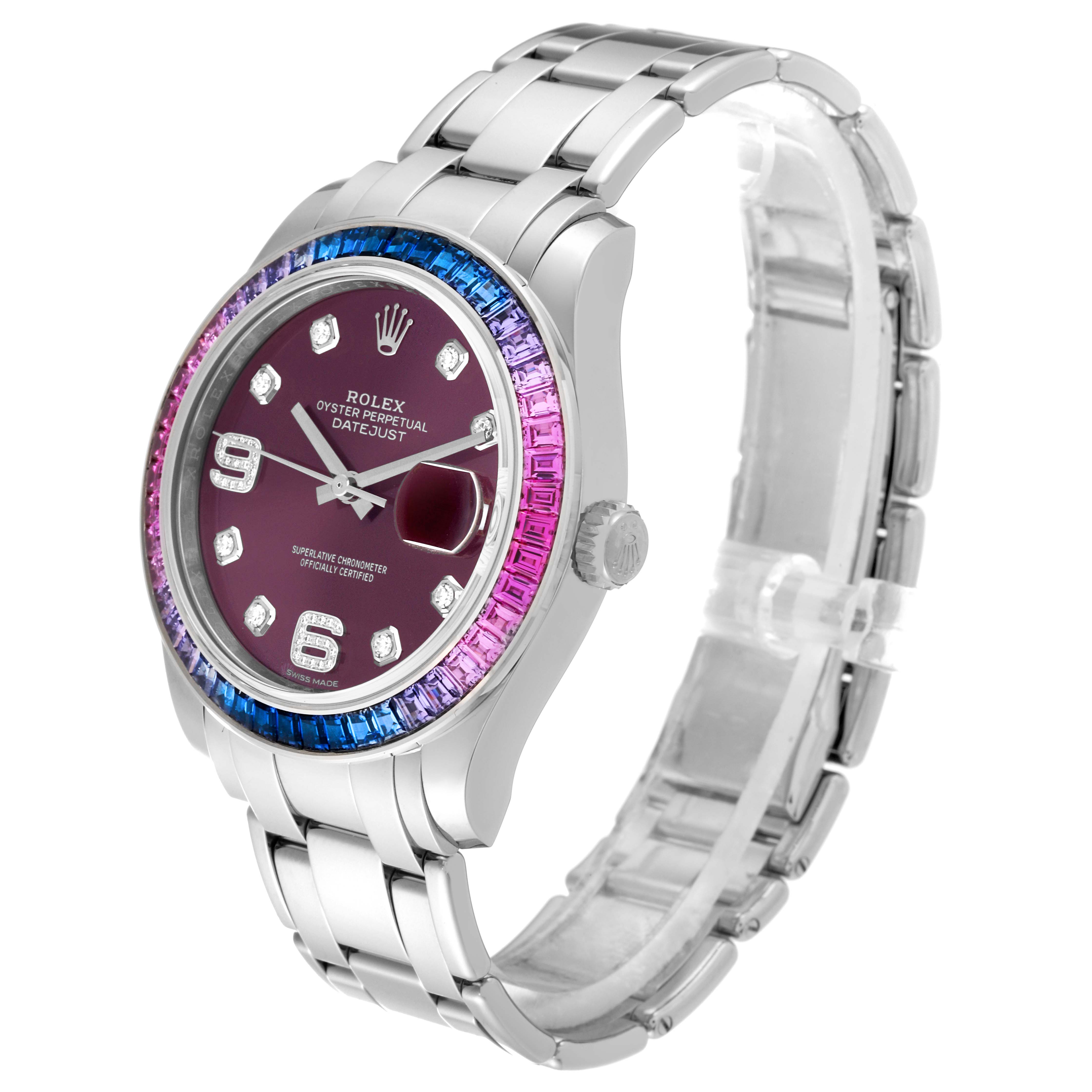 The image shows a side profile of the Rolex Pearlmaster 86349SAFUBL Men
s White Gold Purple Dial 86349SAFUBL Men
s White Gold Purple Dial watch, featuring its bezel, crown, case, and bracelet.