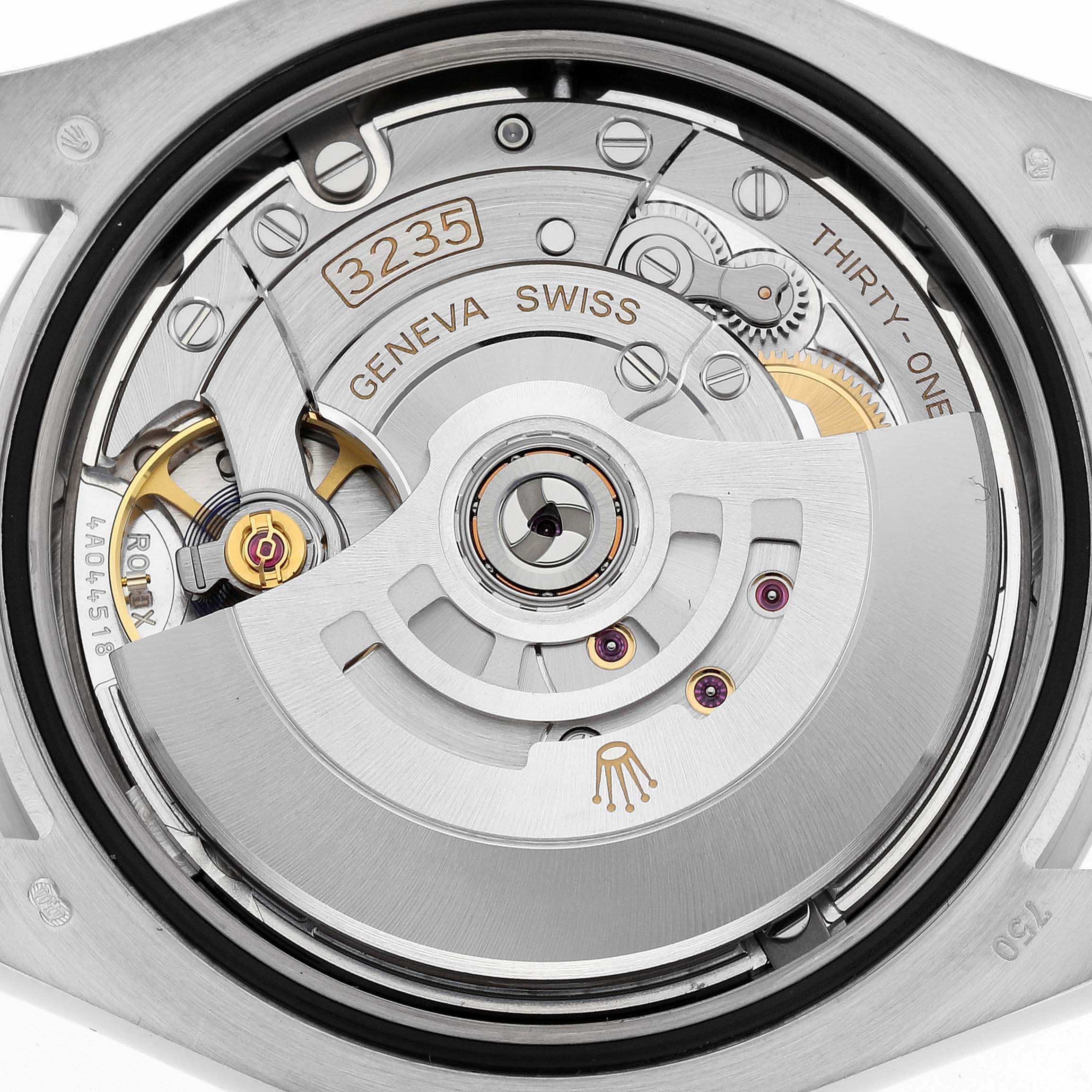 This image shows the internal mechanism of a Rolex Pearlmaster 86349SAFUBL Men
s White Gold Purple Dial 86349SAFUBL Men
s White Gold Purple Dial watch, specifically the movement caliber 3235.