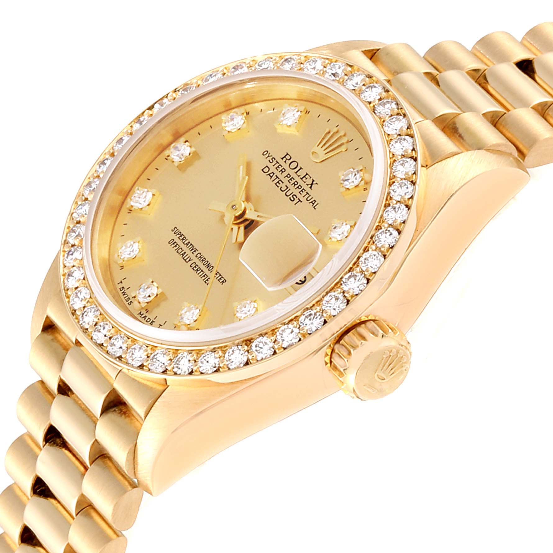 This image shows a close-up angle of the Rolex President 69138 Women
s Yellow Gold Champagne Dial 69138 Women
s Yellow Gold Champagne Dial model watch, highlighting its gold case, diamond bezel, and bracelet.
