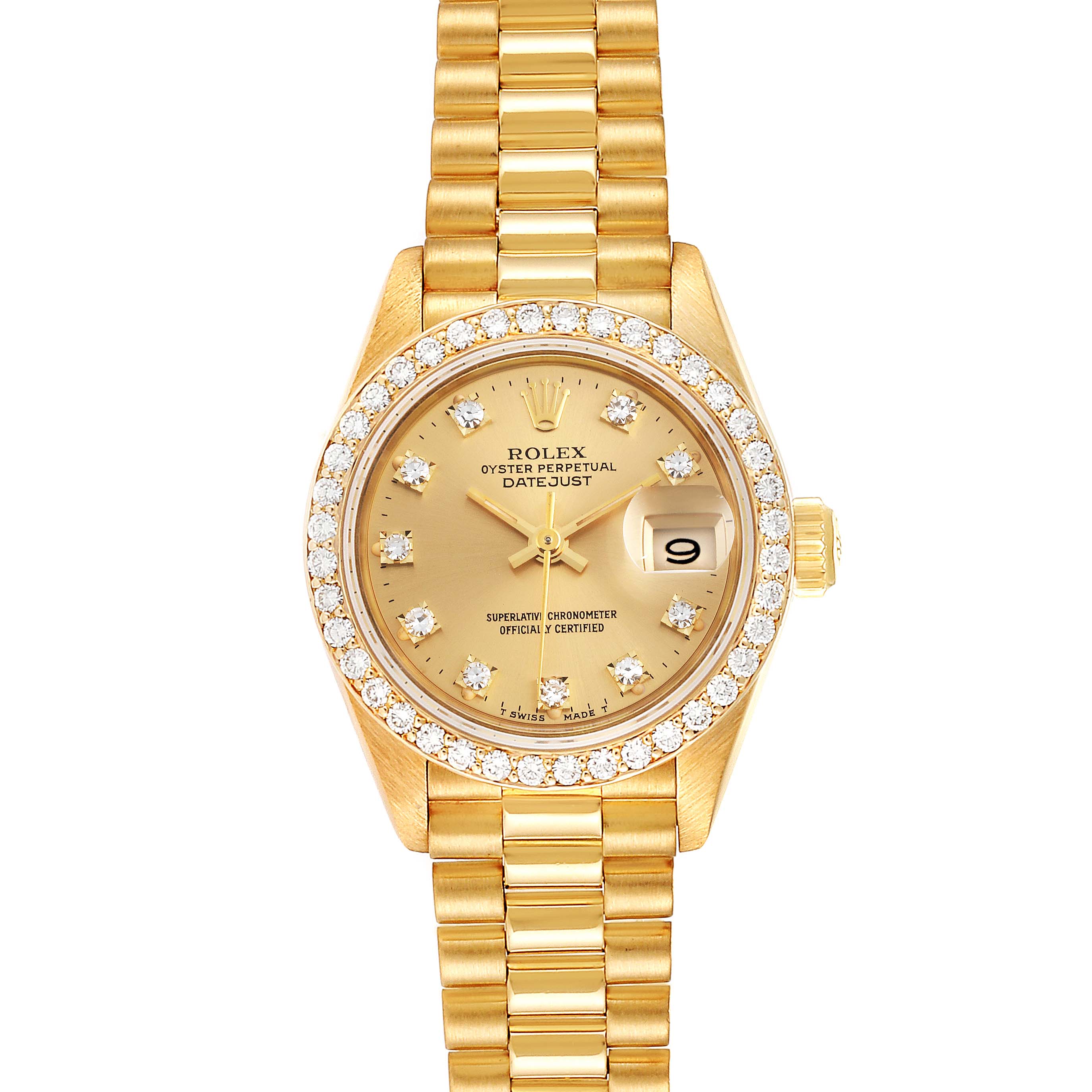The image shows a front view of a Rolex President 69138 Women
s Yellow Gold Champagne Dial 69138 Women
s Yellow Gold Champagne Dial model watch, displaying its gold bracelet, diamond bezel, and champagne dial.