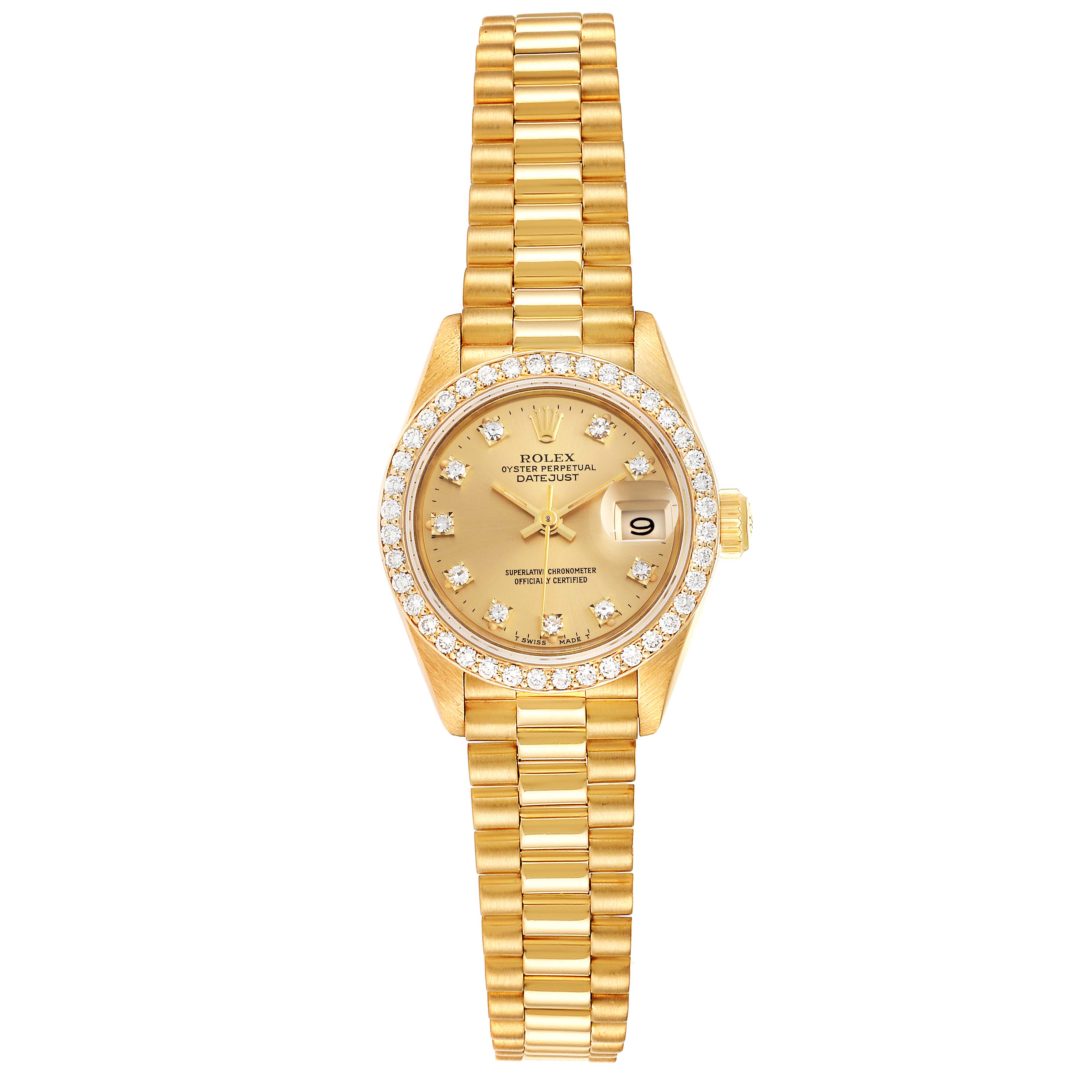 This image shows a front view of the Rolex President 69138 Women
s Yellow Gold Champagne Dial 69138 Women
s Yellow Gold Champagne Dial model watch, displaying its gold bracelet, face, and diamond bezel.