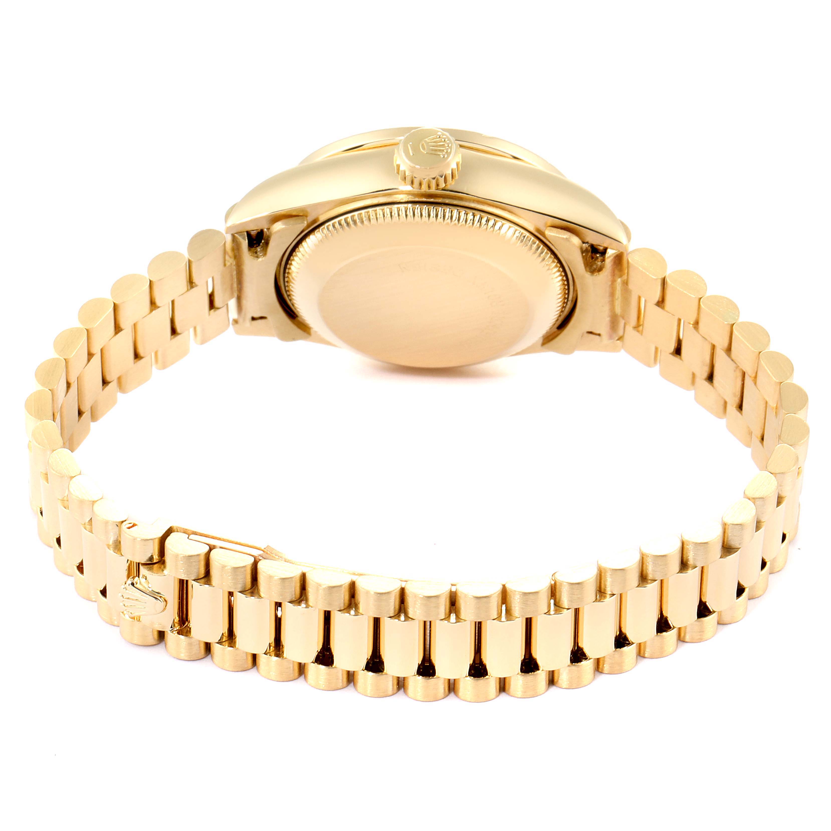 This image shows the back view of a Rolex President 69138 Women
s Yellow Gold Champagne Dial 69138 Women
s Yellow Gold Champagne Dial model watch, focusing on the case back and bracelet.