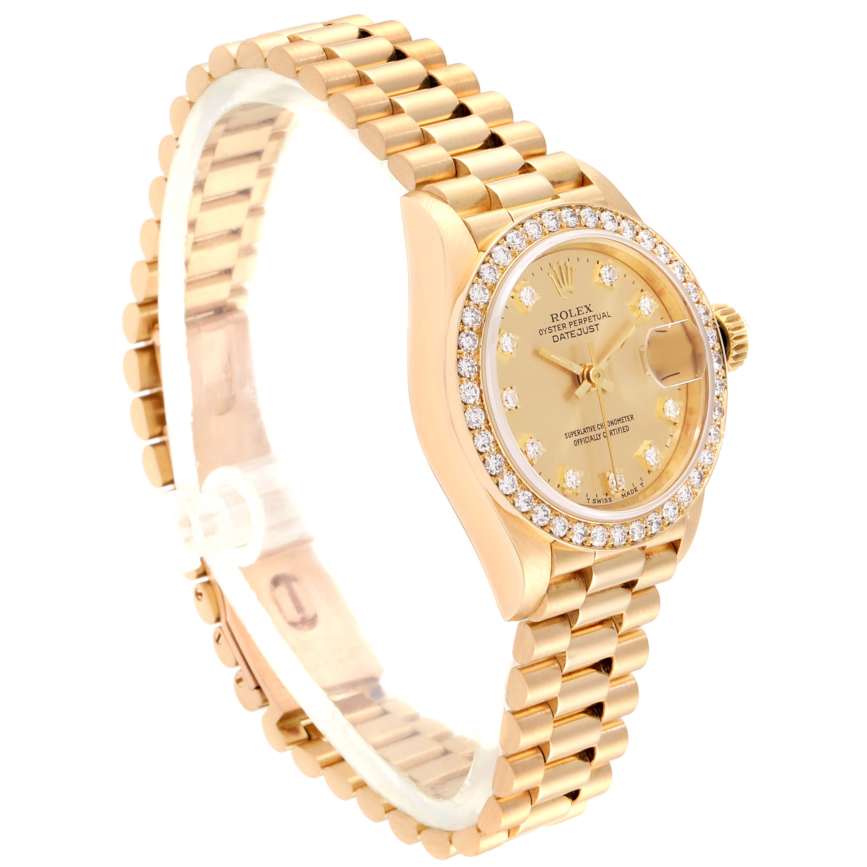 The image shows a side and front angle of a Rolex President 69138 Women
s Yellow Gold Champagne Dial 69138 Women
s Yellow Gold Champagne Dial model watch, highlighting its gold case, diamond bezel, dial, and bracelet.