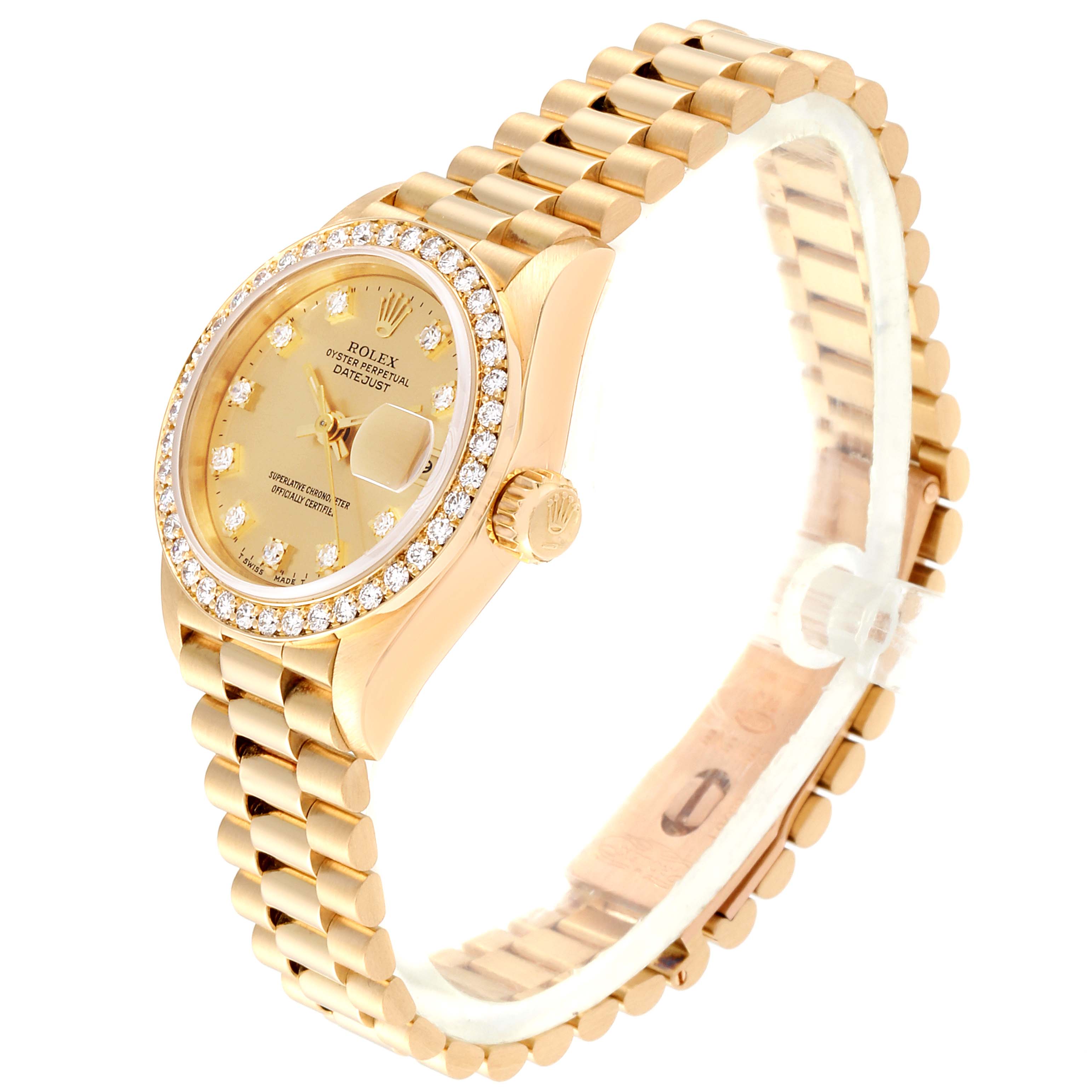 This image shows a side angle of a Rolex President 69138 Women
s Yellow Gold Champagne Dial 69138 Women
s Yellow Gold Champagne Dial model with a gold bracelet, diamond bezel, and gold dial.