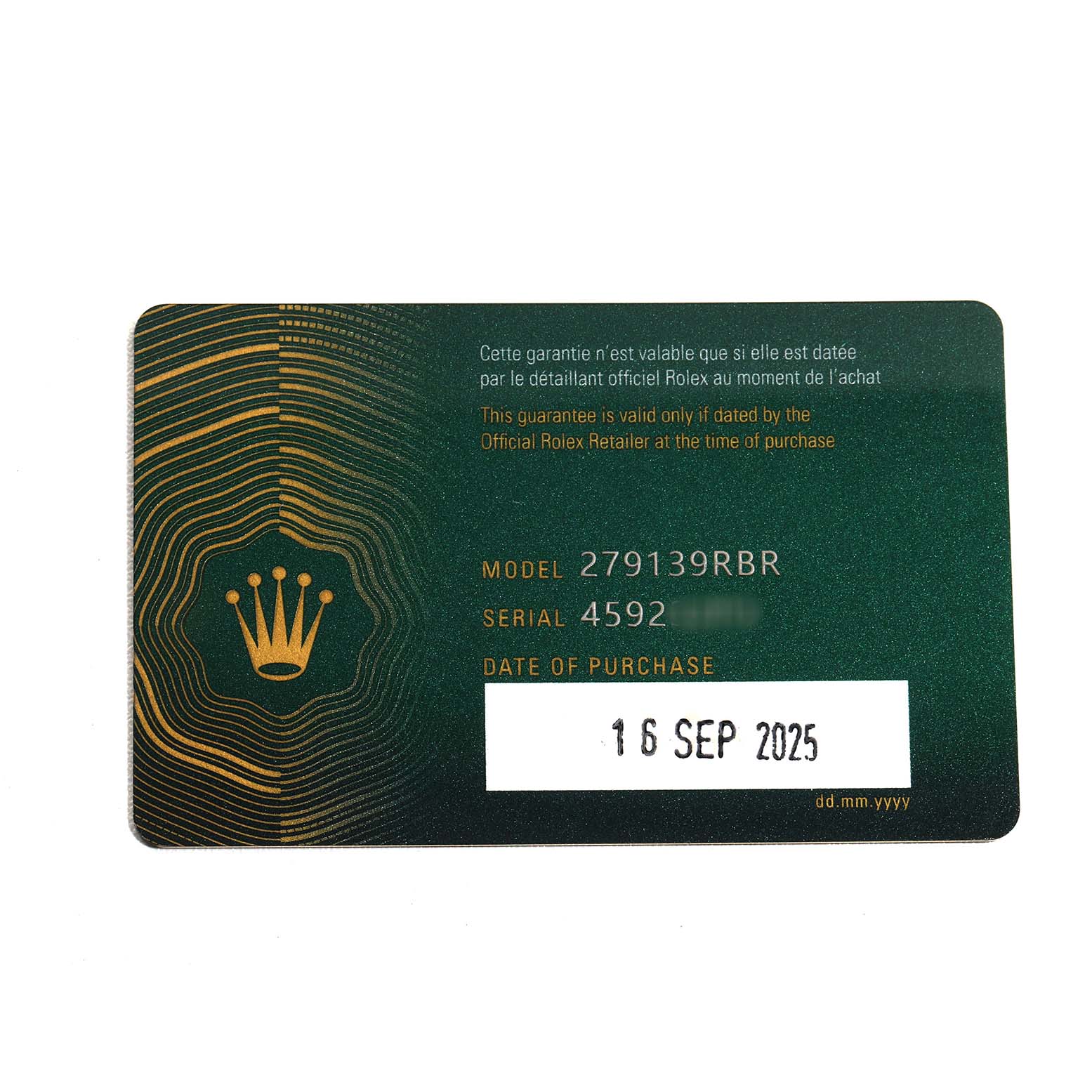The image shows a guarantee card for the Rolex President 279139 Women's White Gold Silver Dial model, detailing the model and serial number.