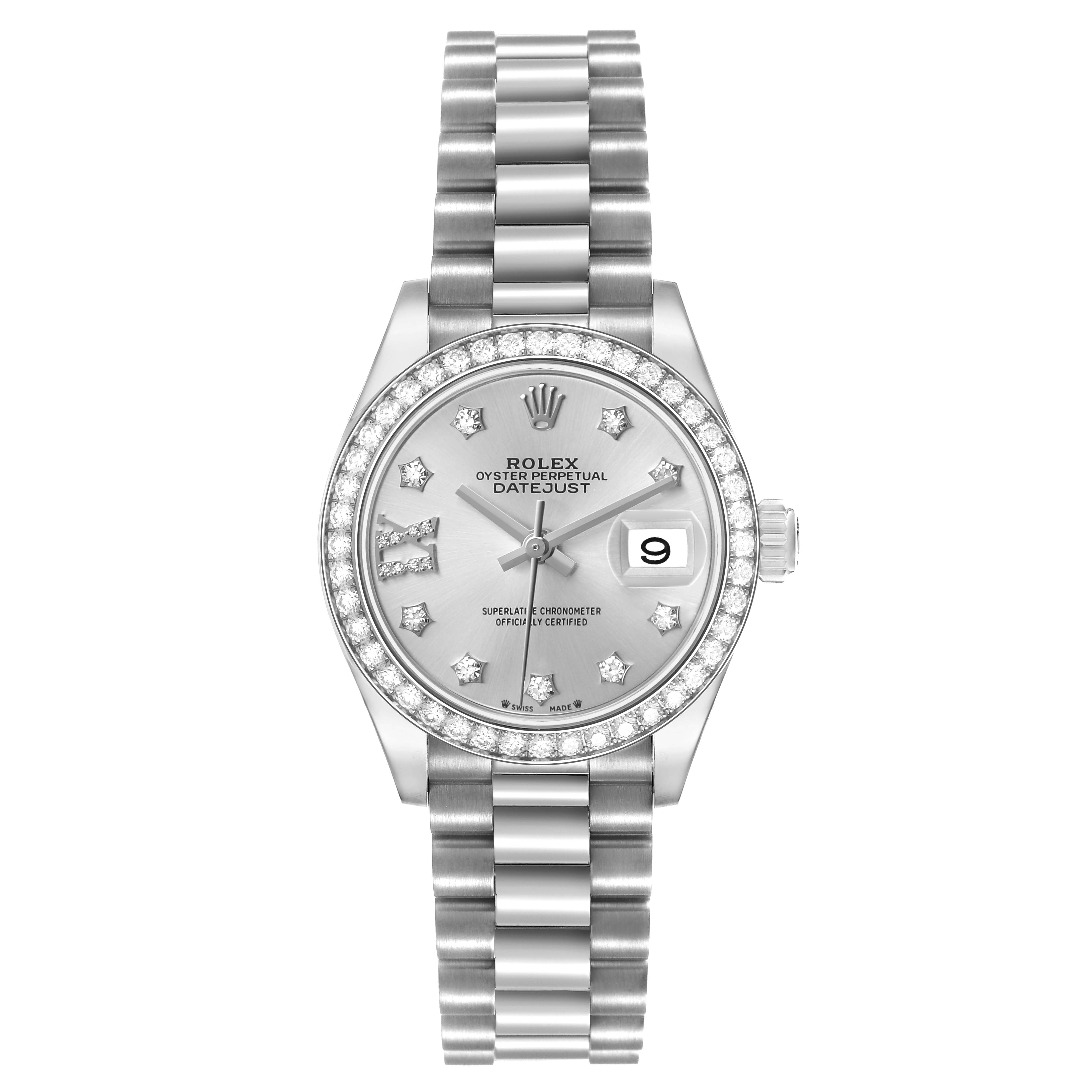 The Rolex President 279139 Women's White Gold Silver Dial model is shown from a top-down angle, highlighting its bracelet, diamond bezel, dial, and date window.