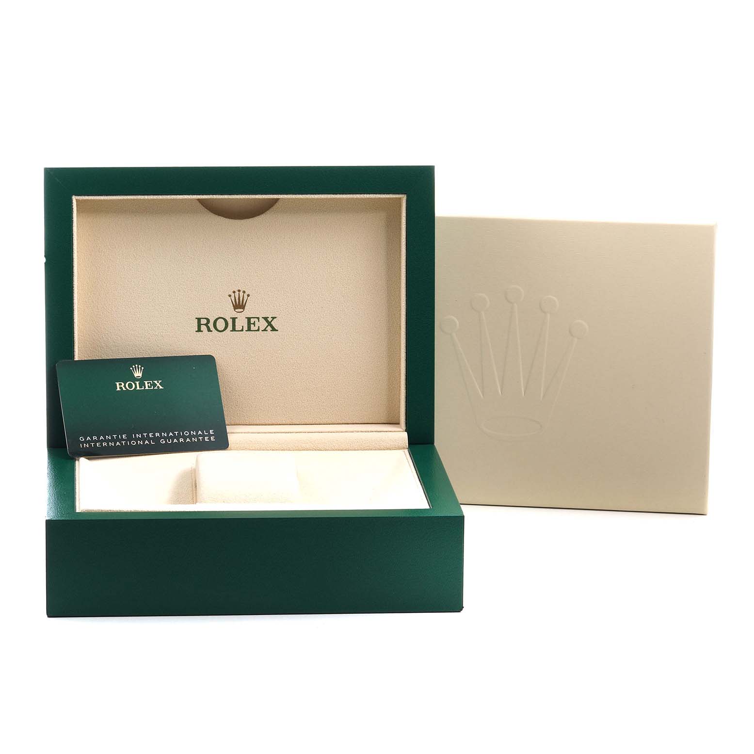 The image shows the packaging for a Rolex President 279139 Women's White Gold Silver Dial model, including the watch box and warranty card, seen from the front.