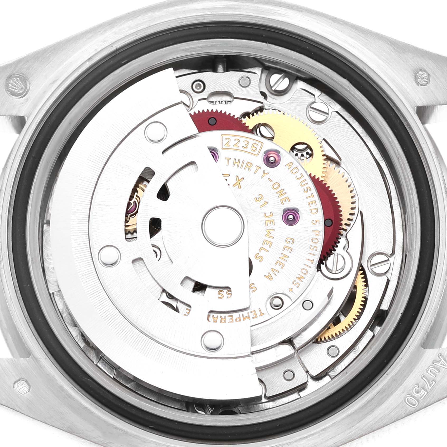 The image shows the movement and inner workings of a Rolex President 279139 Women's White Gold Silver Dial model watch from a top view.