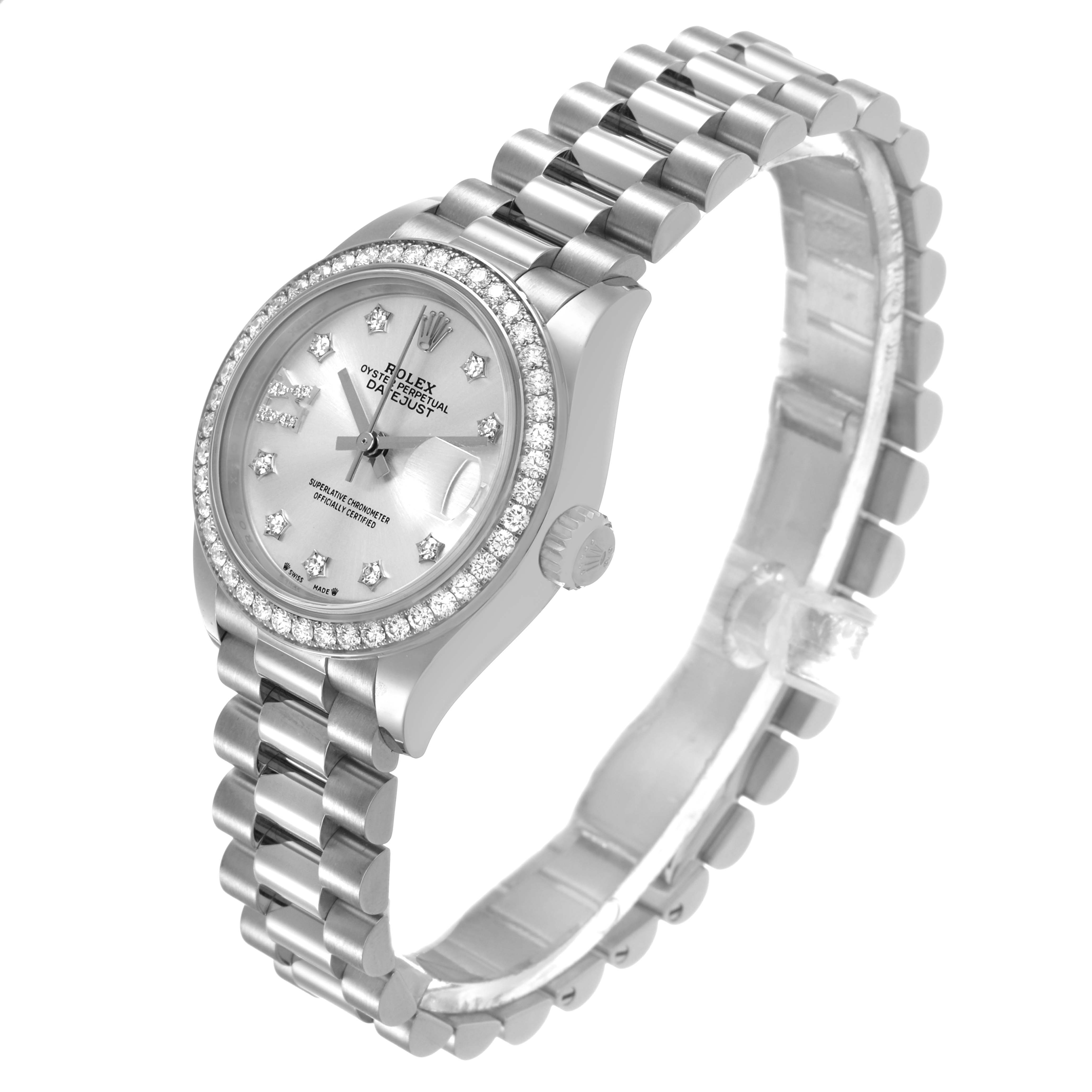 The Rolex President 279139 Women's White Gold Silver Dial model watch is shown at an angled top-side view, highlighting the face, bezel, and bracelet.