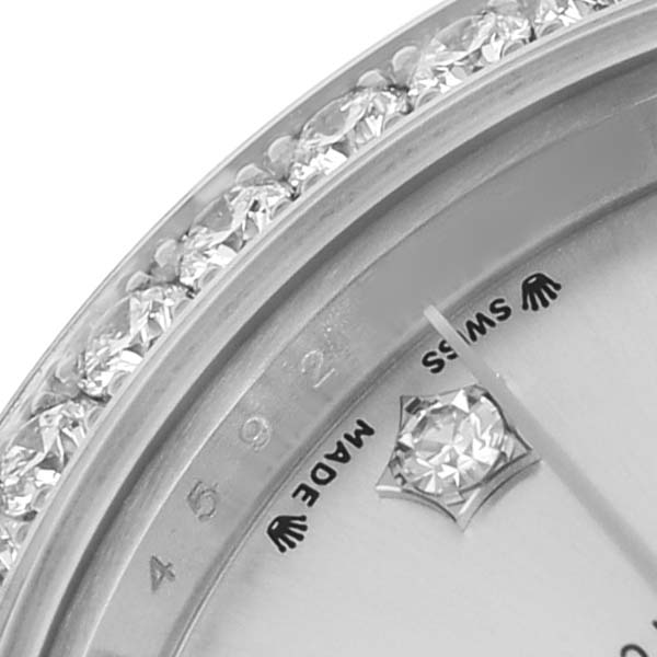 The image shows a close-up of the dial and diamond-set bezel of the Rolex President 279139 Women's White Gold Silver Dial model.
