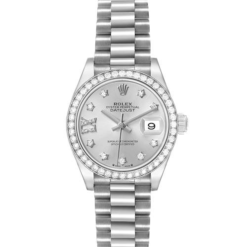 The Rolex President 279139 Women's White Gold Silver Dial model is shown from a top-down angle, highlighting the dial, bracelet, and bezel with diamond accents.