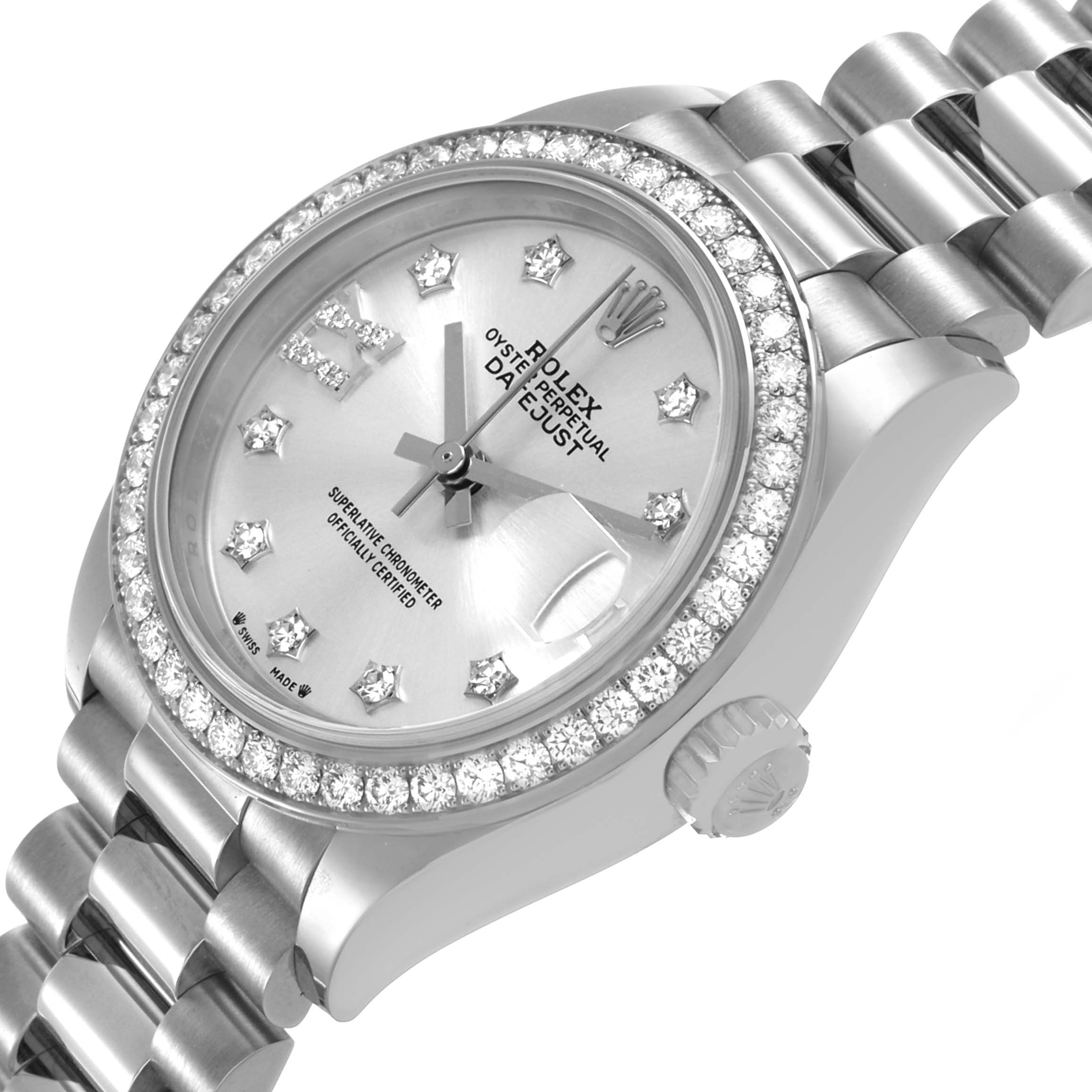 The Rolex President 279139 Women's White Gold Silver Dial model watch is shown at a slight angle, displaying the face, diamond bezel, crown, and part of the bracelet.