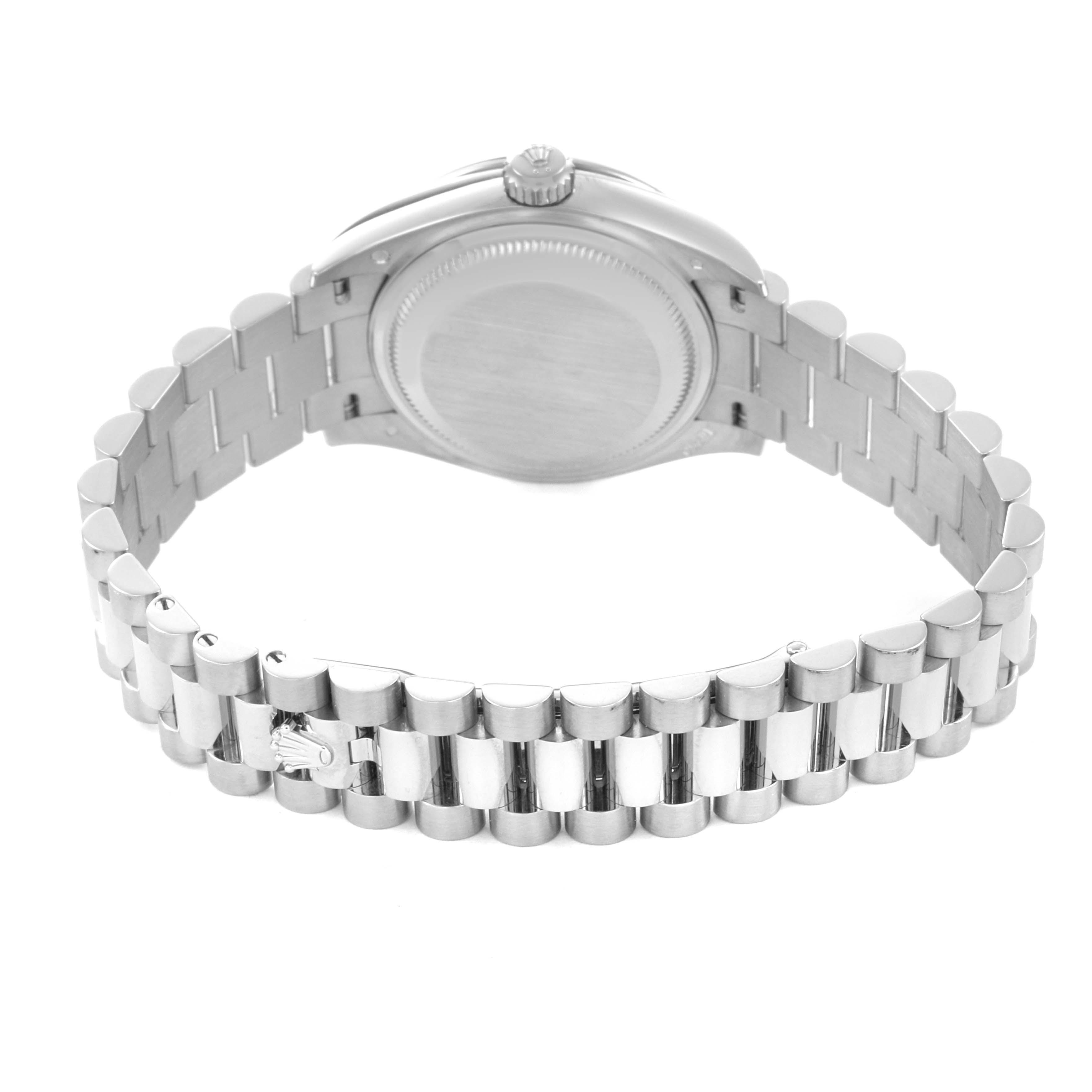 The image shows the back view of a Rolex President 279139 Women's White Gold Silver Dial watch, highlighting the case back and bracelet detail.