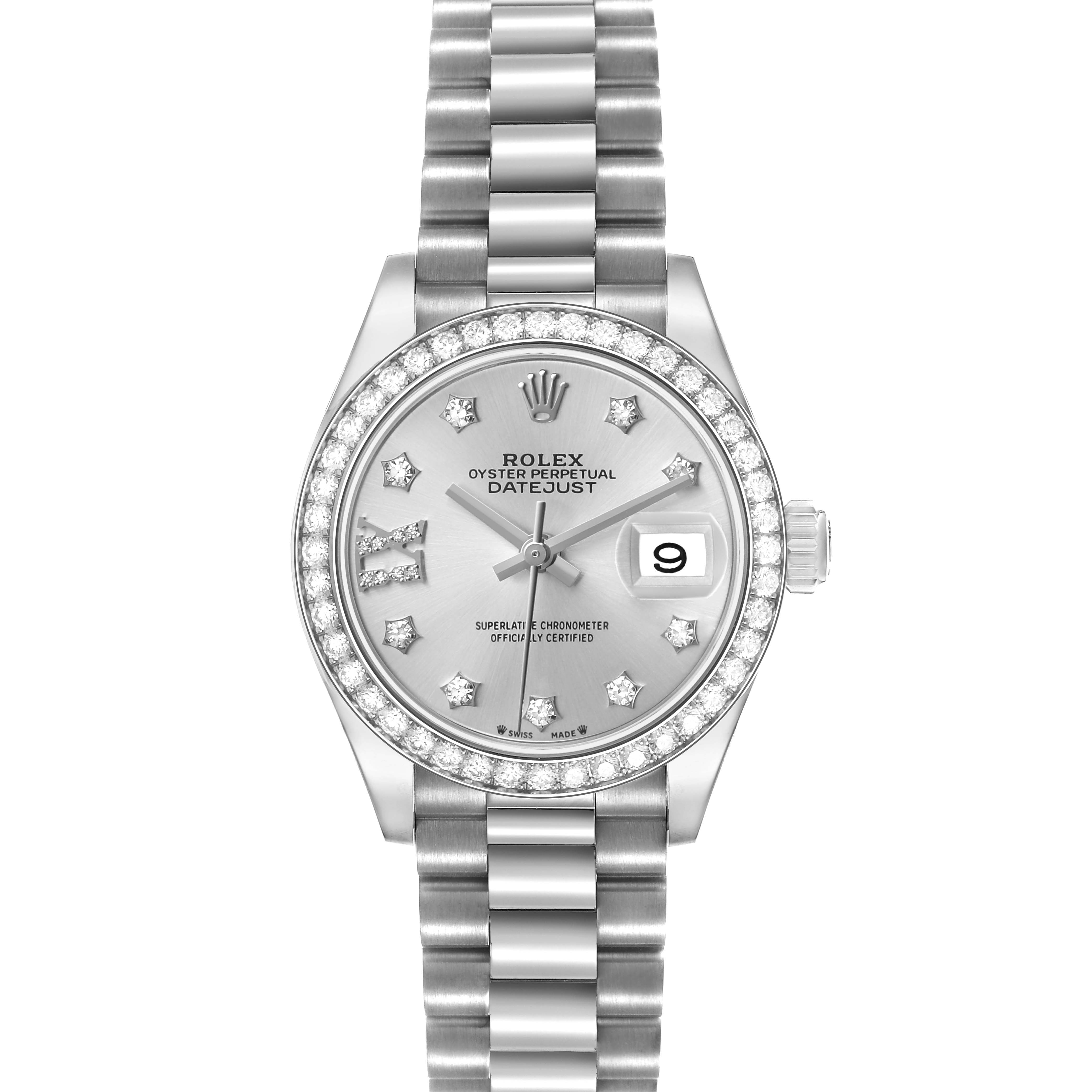 The Rolex President 279139 Women's White Gold Silver Dial model is shown from a top view, highlighting the dial, bezel, and bracelet.