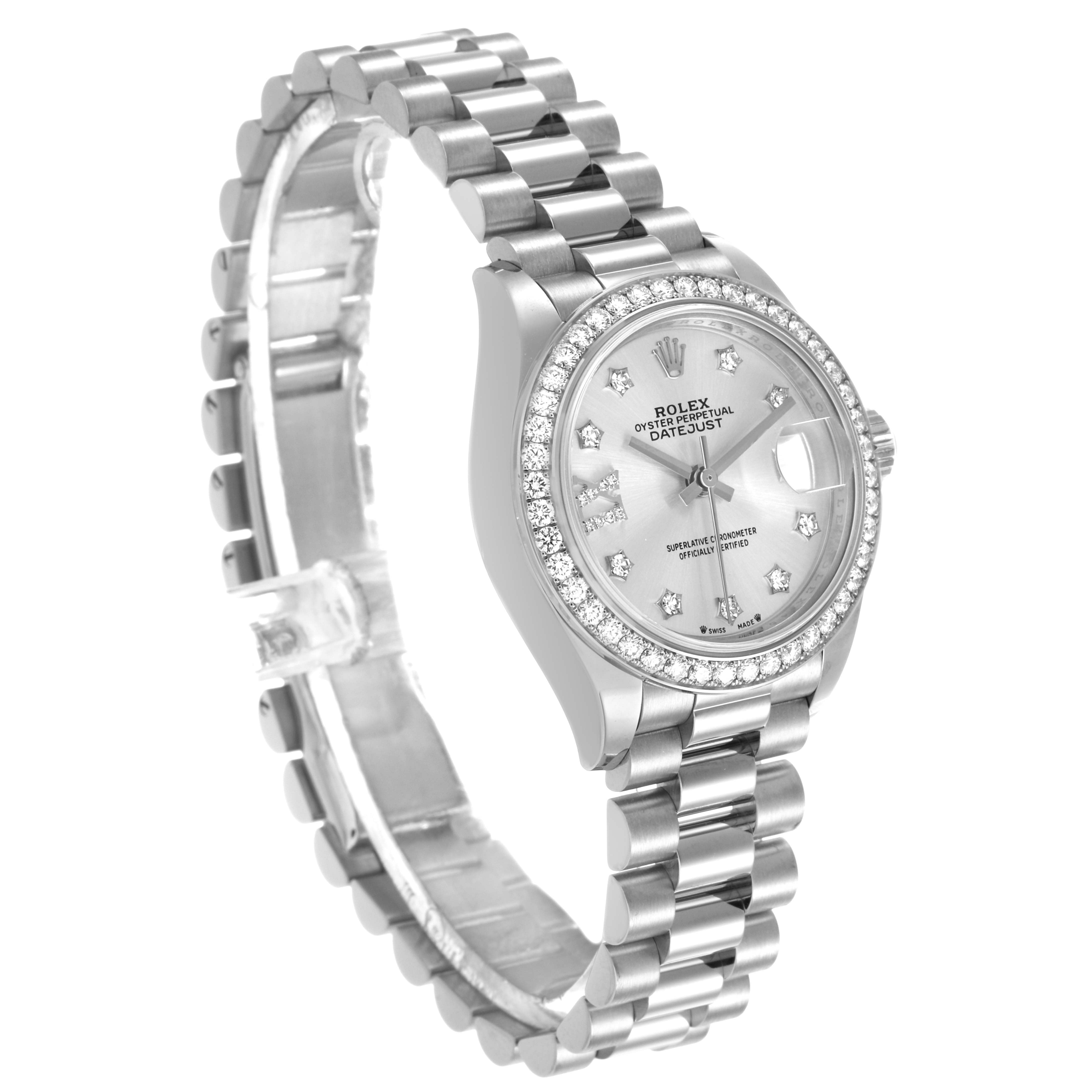 The Rolex President 279139 Women's White Gold Silver Dial model is shown at a three-quarter angle, highlighting its face, bezel, and bracelet.