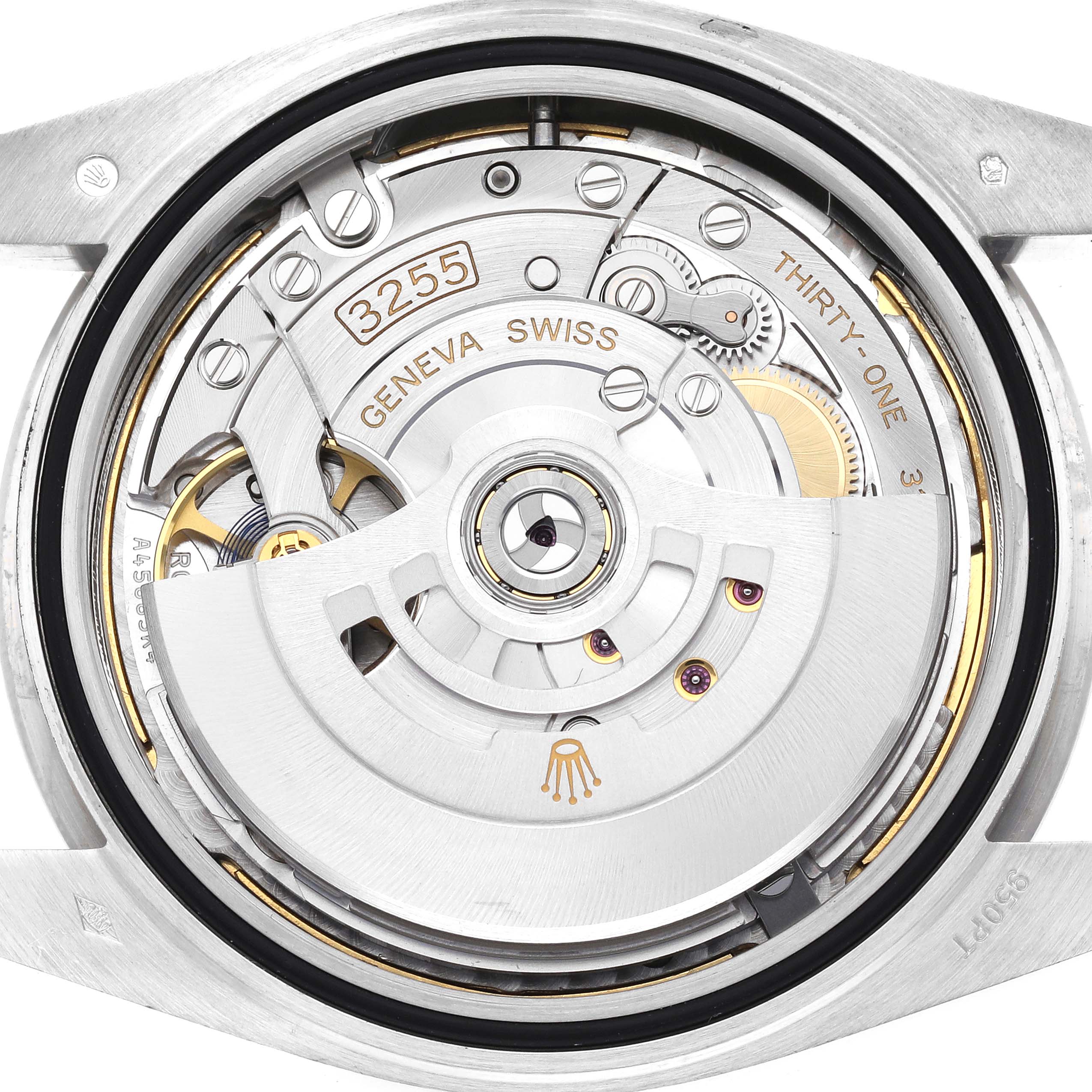 This image shows the back view of the Rolex President 228206 Men
s Platinum Blue Dial 228206 Men
s Platinum Blue Dial model watch, highlighting its internal movement and components.