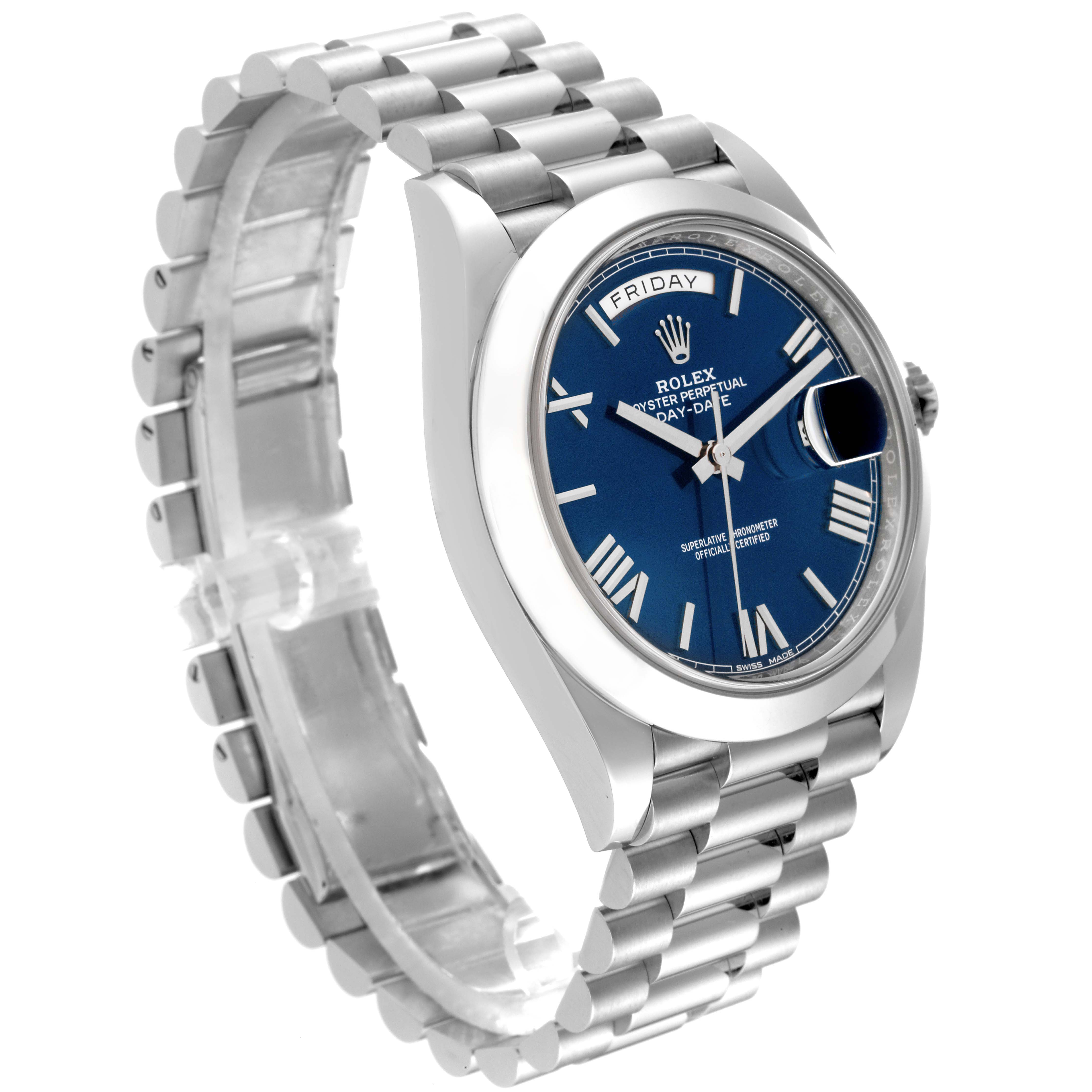 The Rolex President 228206 Men
s Platinum Blue Dial 228206 Men
s Platinum Blue Dial model is shown at a slight angle, revealing the blue dial, day and date windows, and the metal link bracelet.