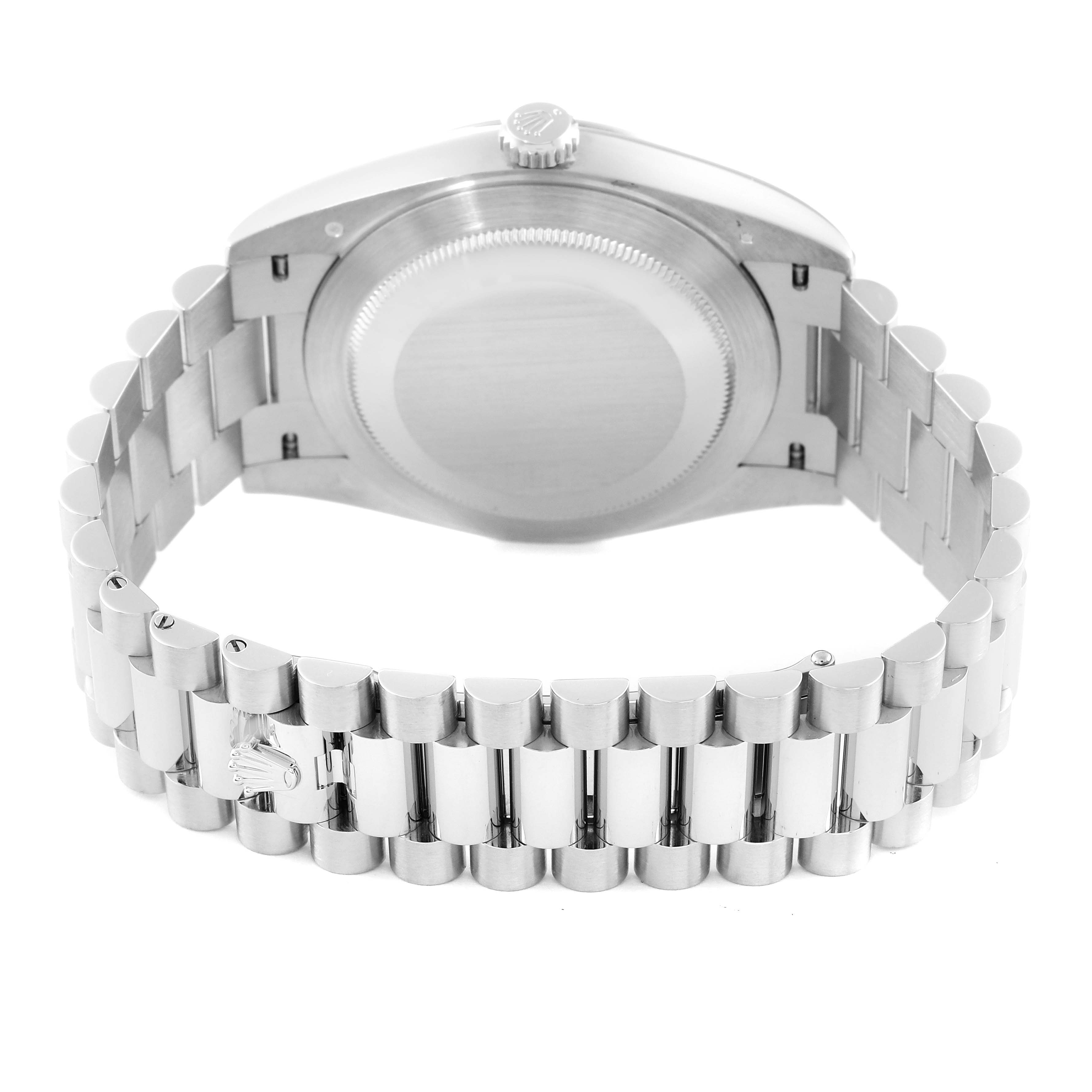 The image shows the back case and bracelet of a Rolex President 228206 Men
s Platinum Blue Dial 228206 Men
s Platinum Blue Dial model watch from a rear angle.