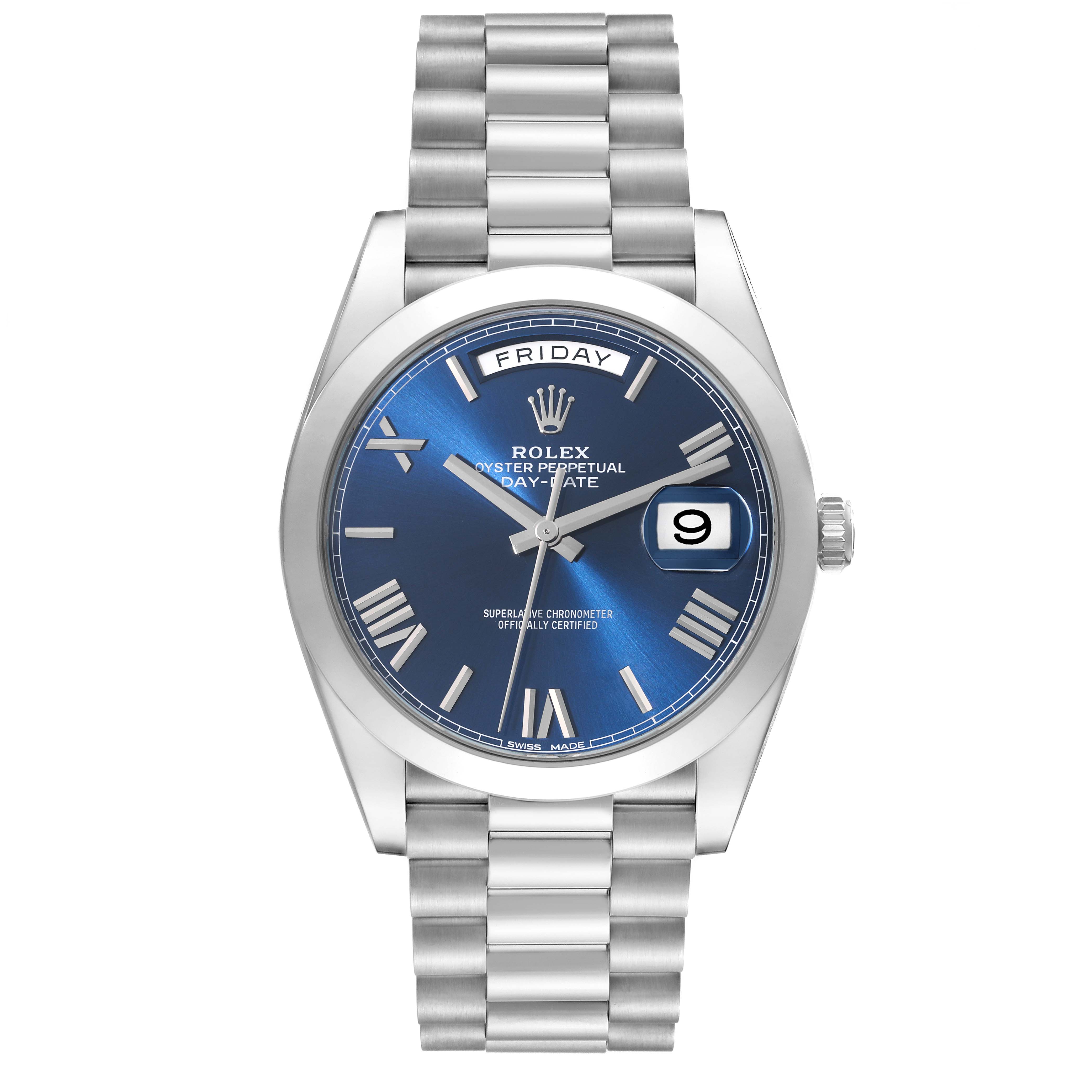This is a front view of a Rolex President 228206 Men
s Platinum Blue Dial 228206 Men
s Platinum Blue Dial model watch, showcasing its blue dial, date window, and stainless steel bracelet.