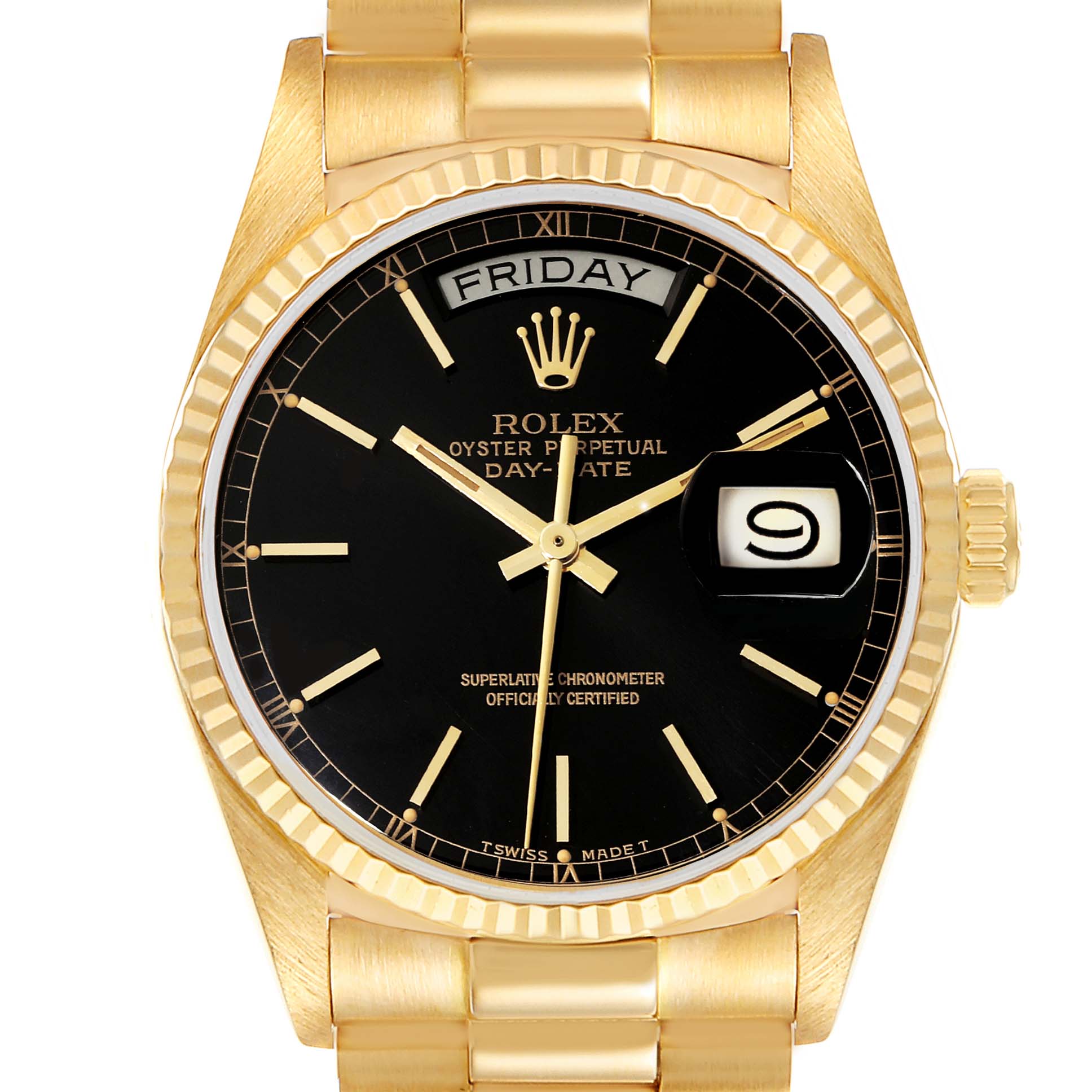 This image shows a Rolex President 18038 Men's Yellow Gold Black Dial 18038 Men's Yellow Gold Black Dial model watch from a front angle, highlighting its black dial, day-date window, and gold casing.