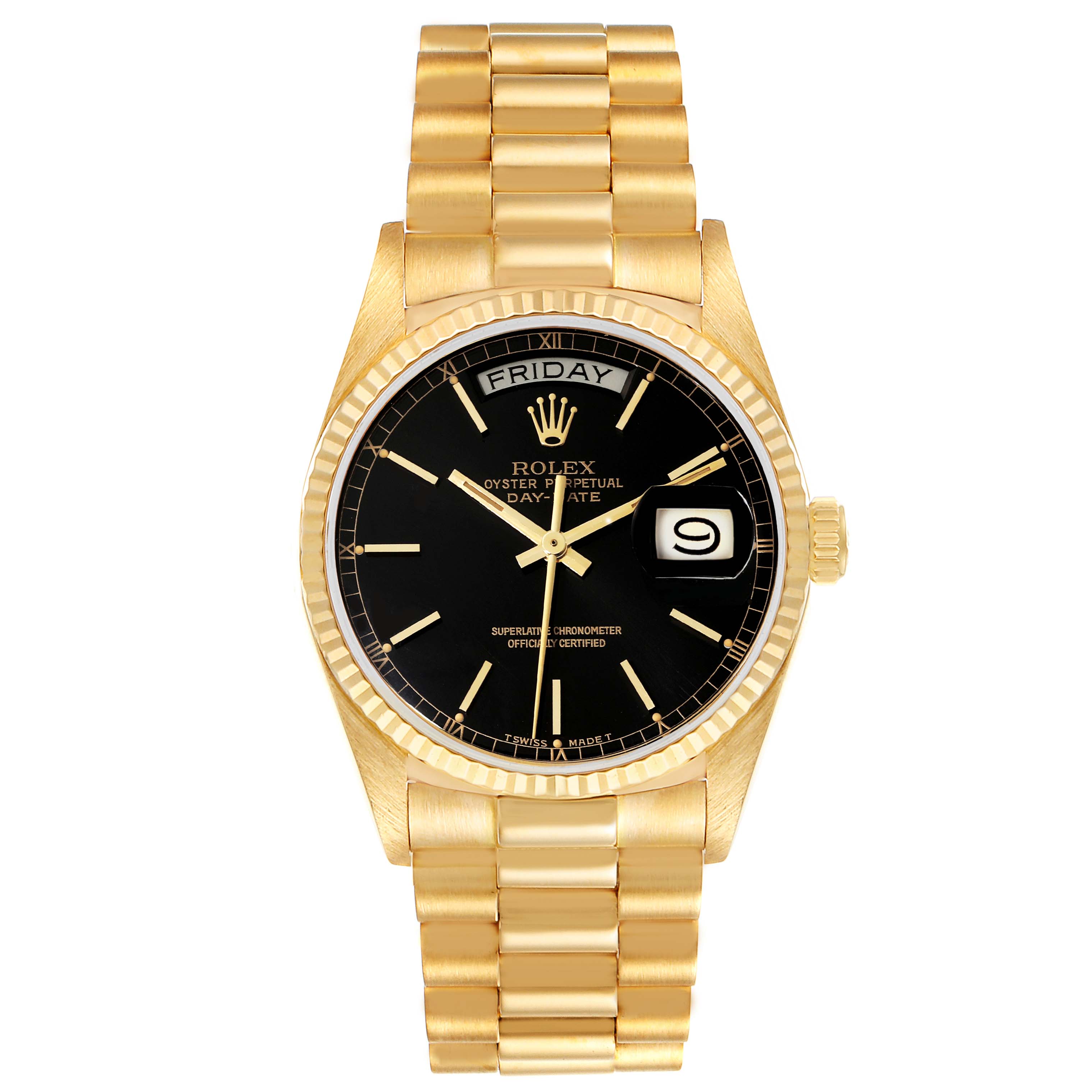 The image shows a front view of the Rolex President 18038 Men's Yellow Gold Black Dial 18038 Men's Yellow Gold Black Dial model watch with its gold bracelet, black dial, and day-date features.