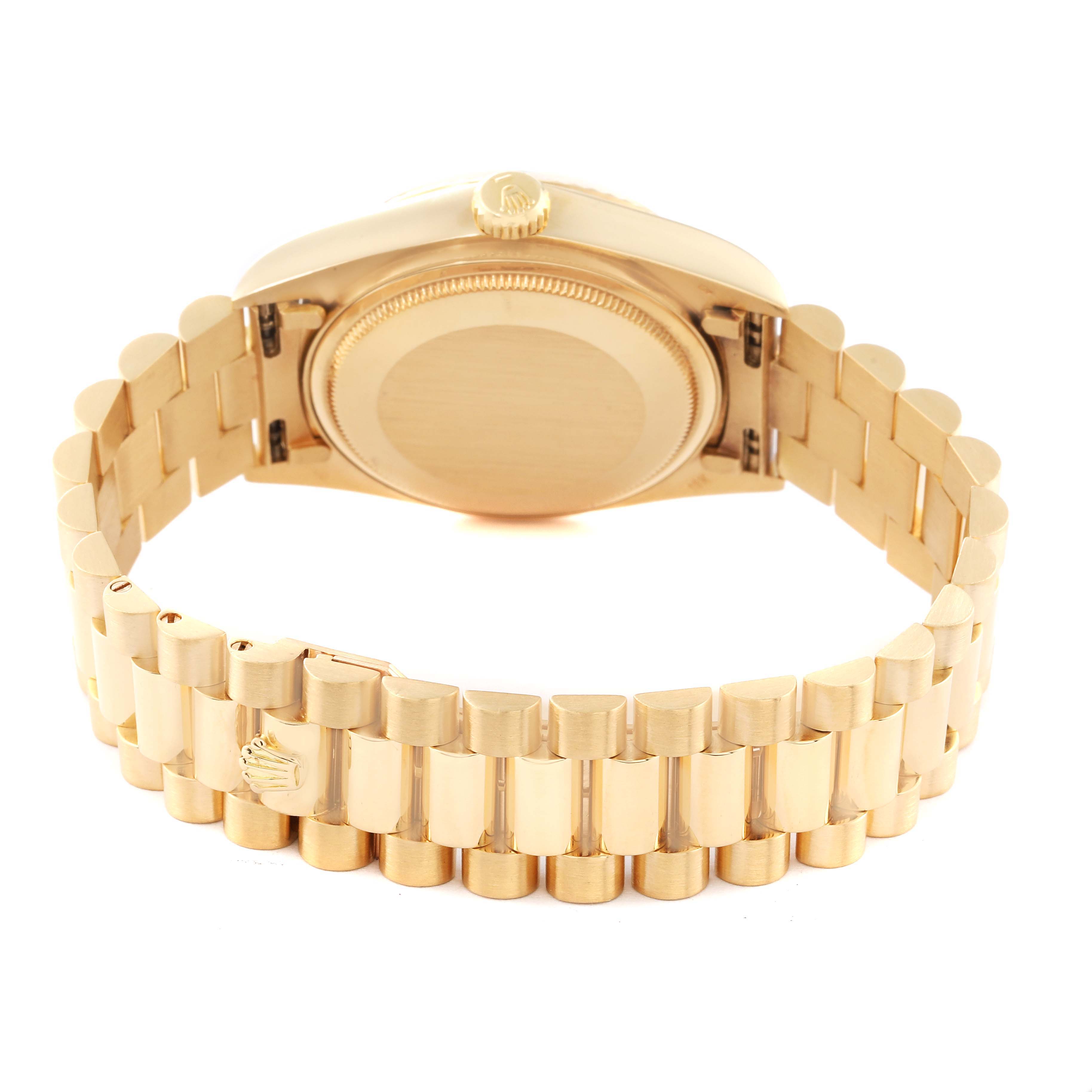 This image shows the back view of the Rolex President 18038 Men's Yellow Gold Black Dial 18038 Men's Yellow Gold Black Dial model watch, highlighting its case back and bracelet.