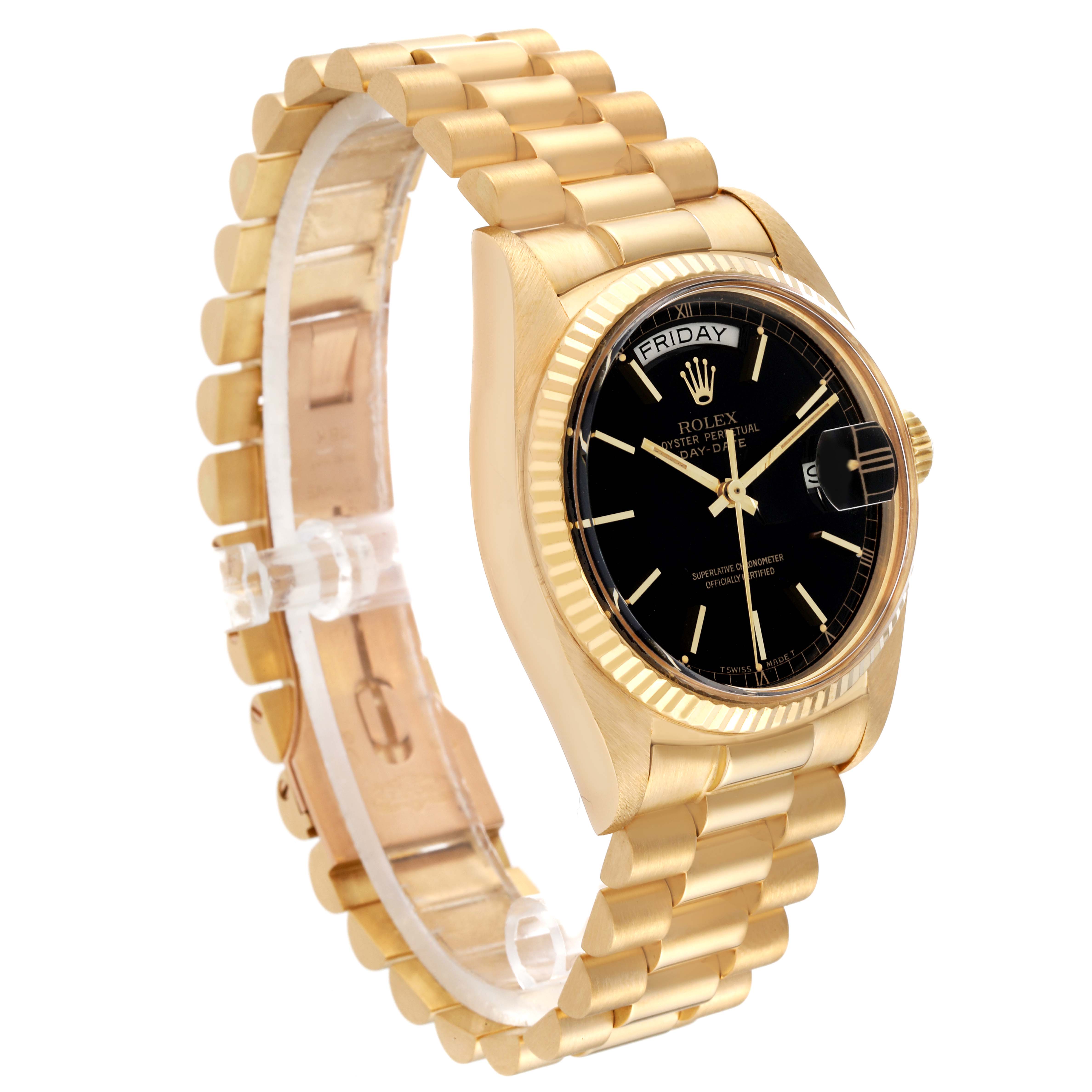 The image shows a side view of the Rolex President 18038 Men's Yellow Gold Black Dial 18038 Men's Yellow Gold Black Dial watch, highlighting its gold bracelet and black dial.