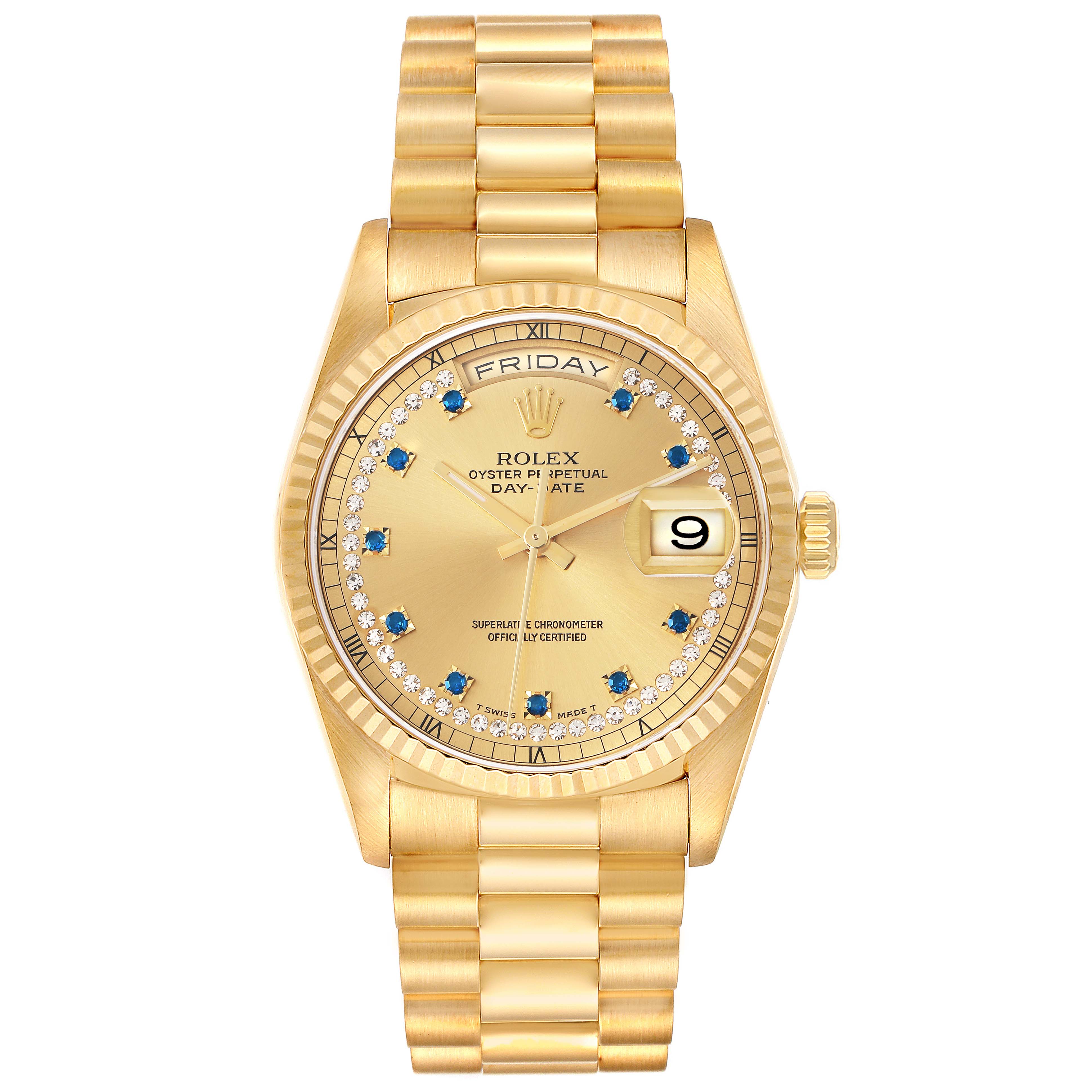 The Rolex President 18238 Men
s Yellow Gold Champagne Dial model is shown from a top-down angle, displaying its dial, bezel, and bracelet.