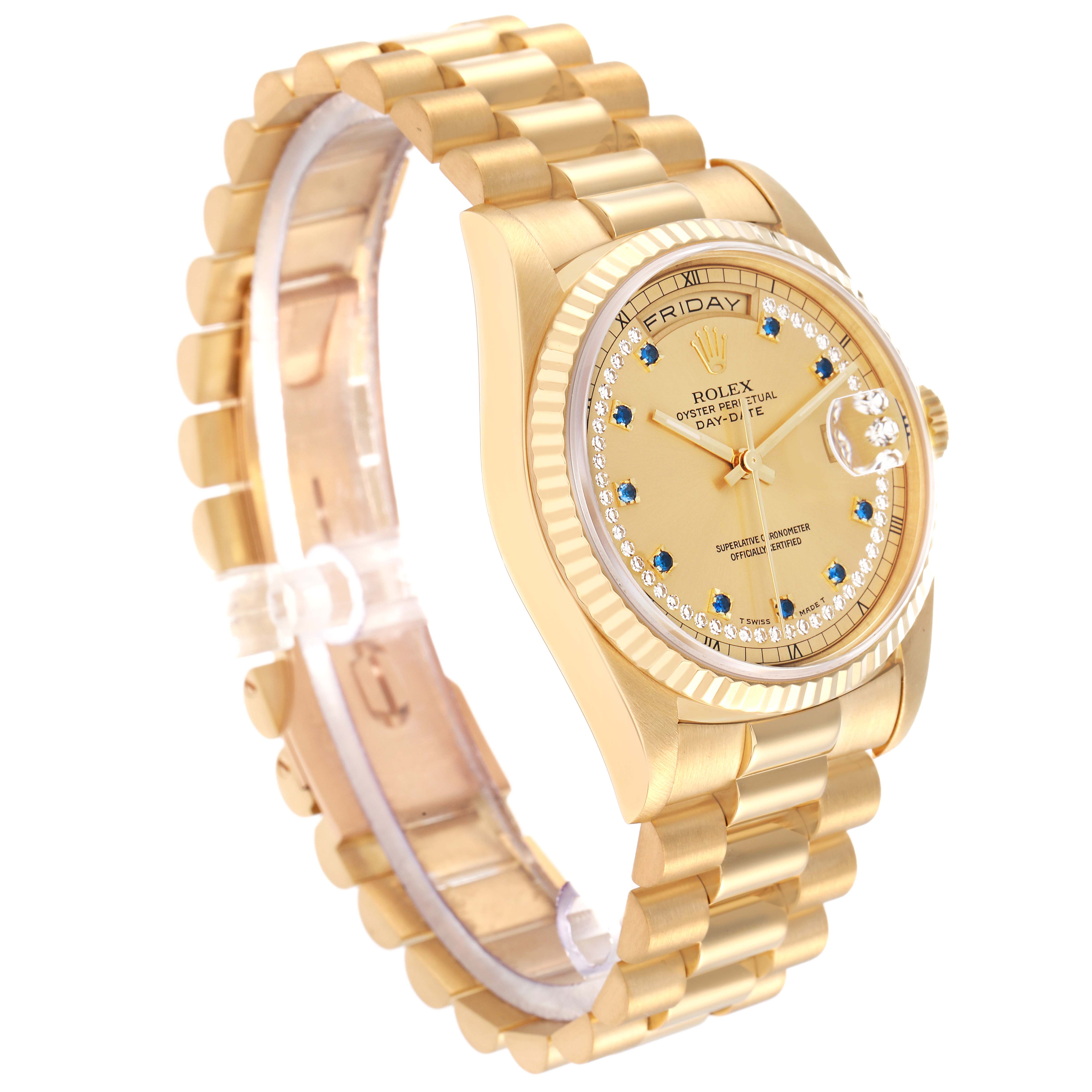 The Rolex President 18238 Men
s Yellow Gold Champagne Dial watch is shown at a three-quarter angle, highlighting the gold bracelet, fluted bezel, and dial.