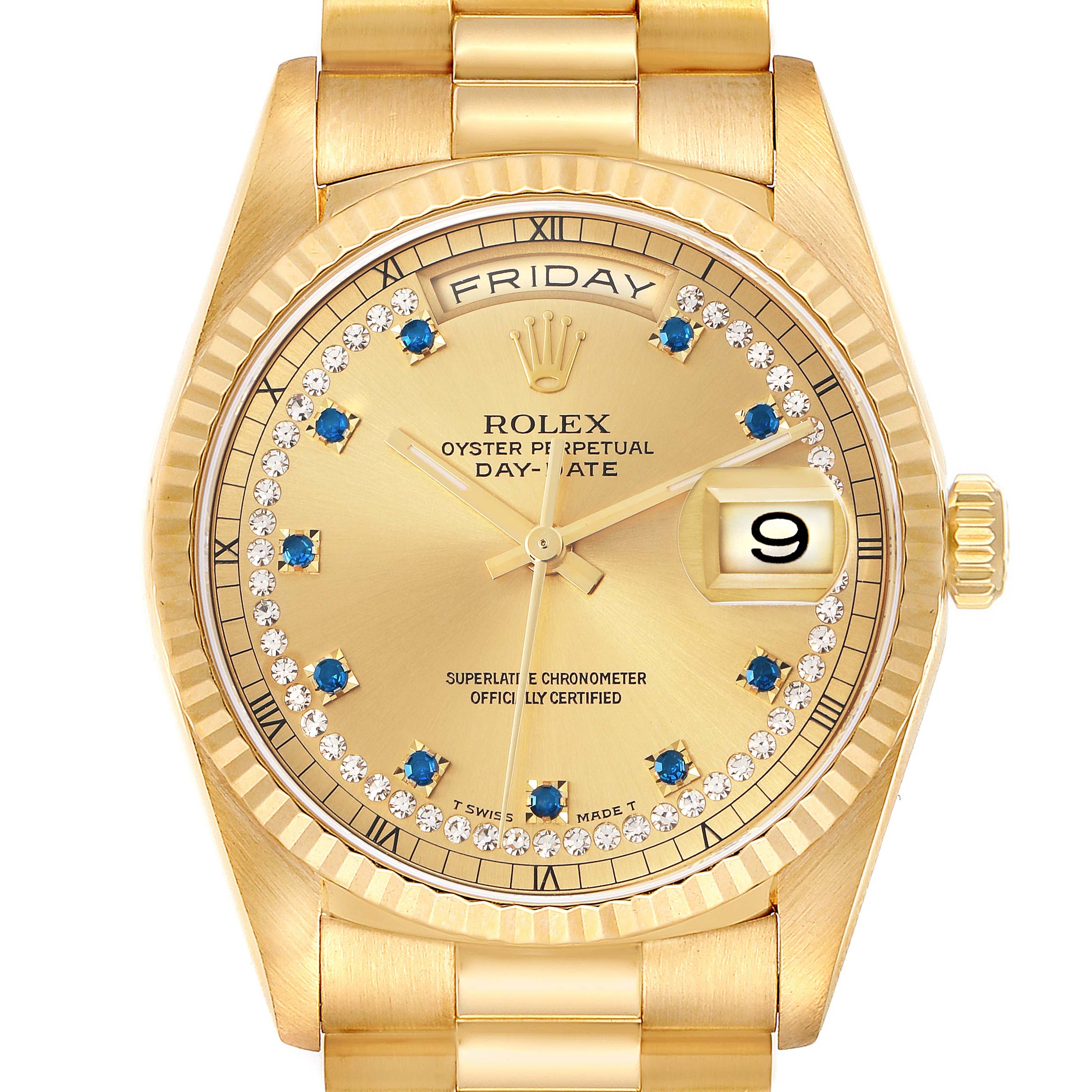 The Rolex President 18238 Men
s Yellow Gold Champagne Dial model is shown from a front angle, highlighting the dial, bezel, and bracelet.