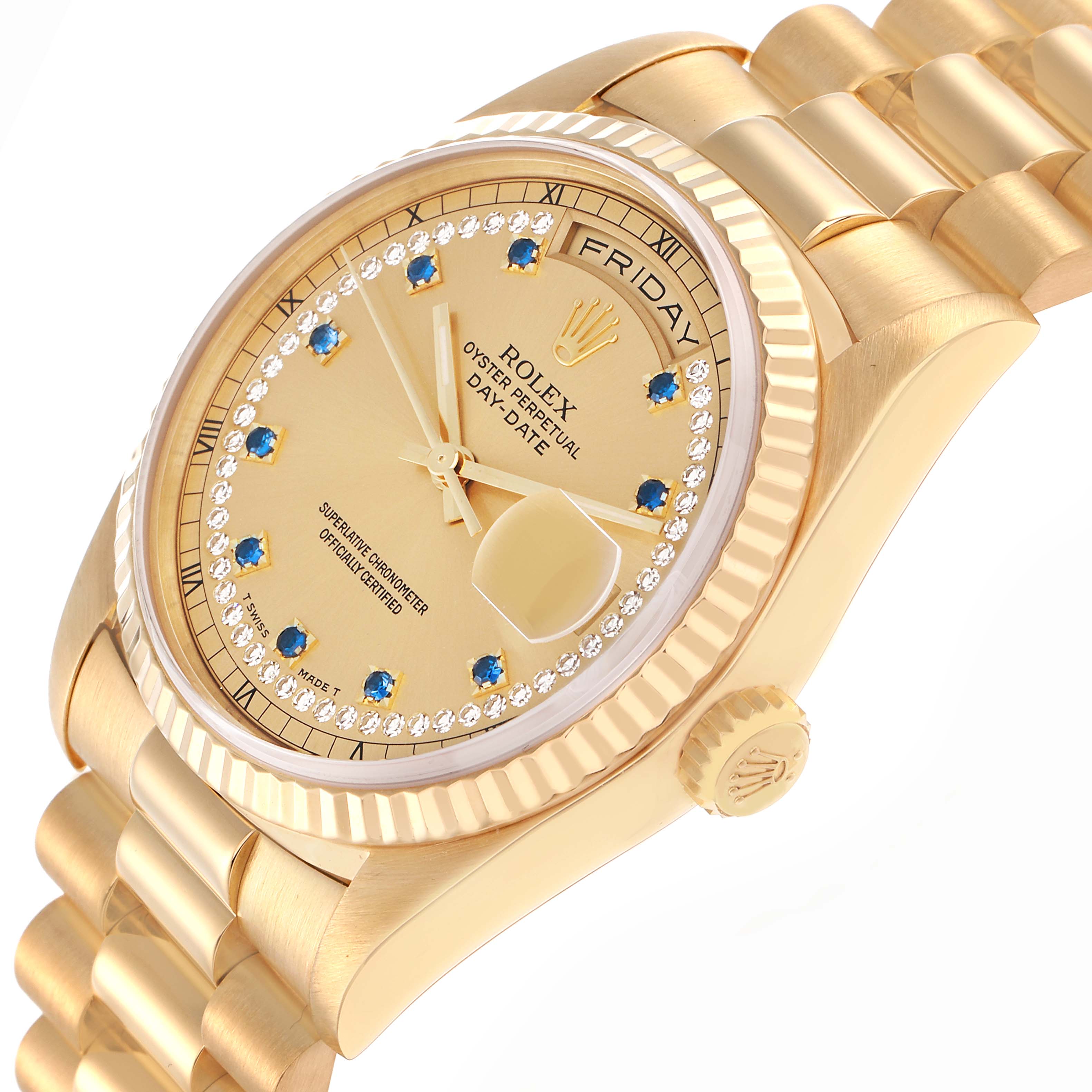 The image shows a side angle of a Rolex President 18238 Men
s Yellow Gold Champagne Dial watch, highlighting its bezel, dial, bracelet, and crown.