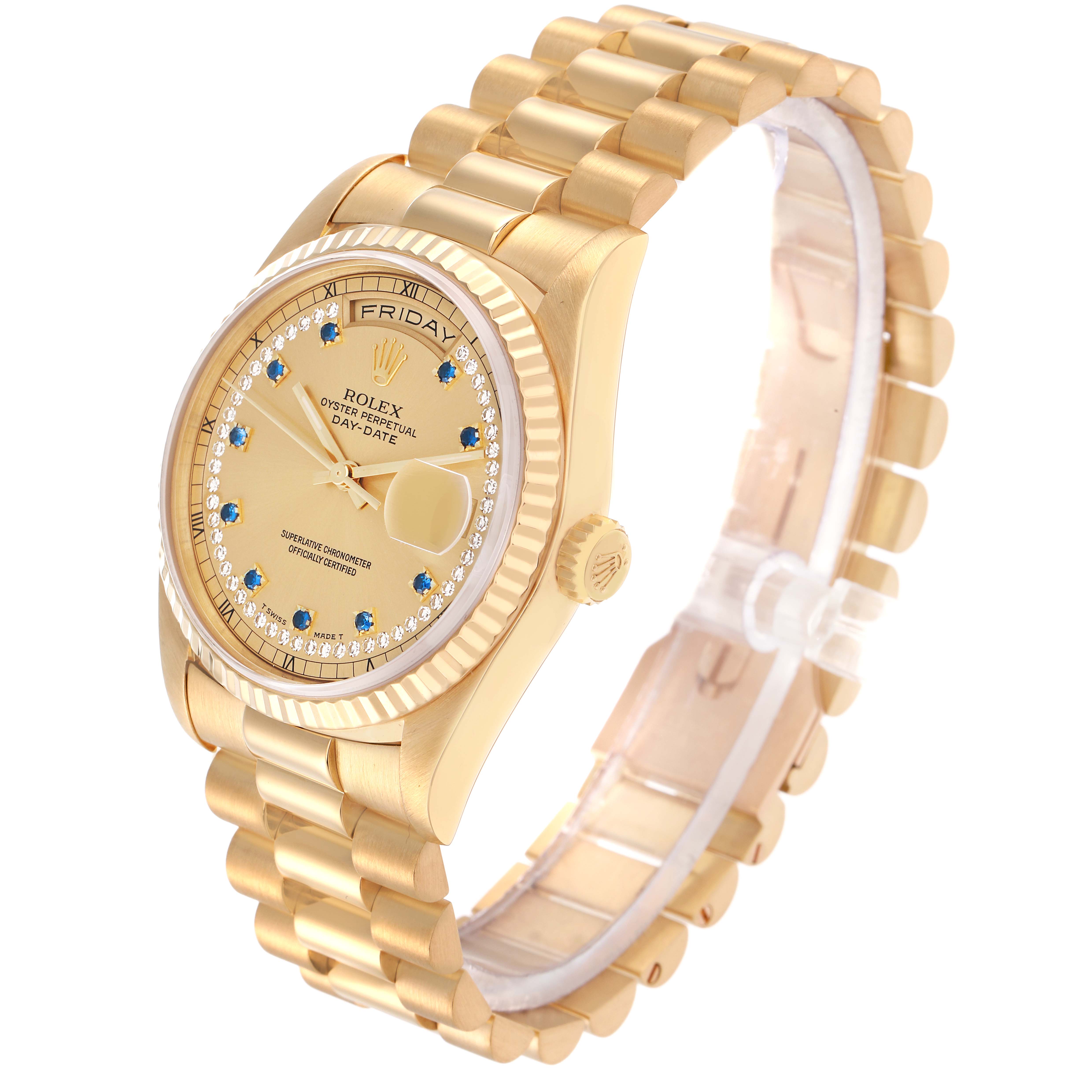 The Rolex President 18238 Men
s Yellow Gold Champagne Dial model watch is shown at an angled front view, highlighting the dial, bezel, bracelet, and crown.