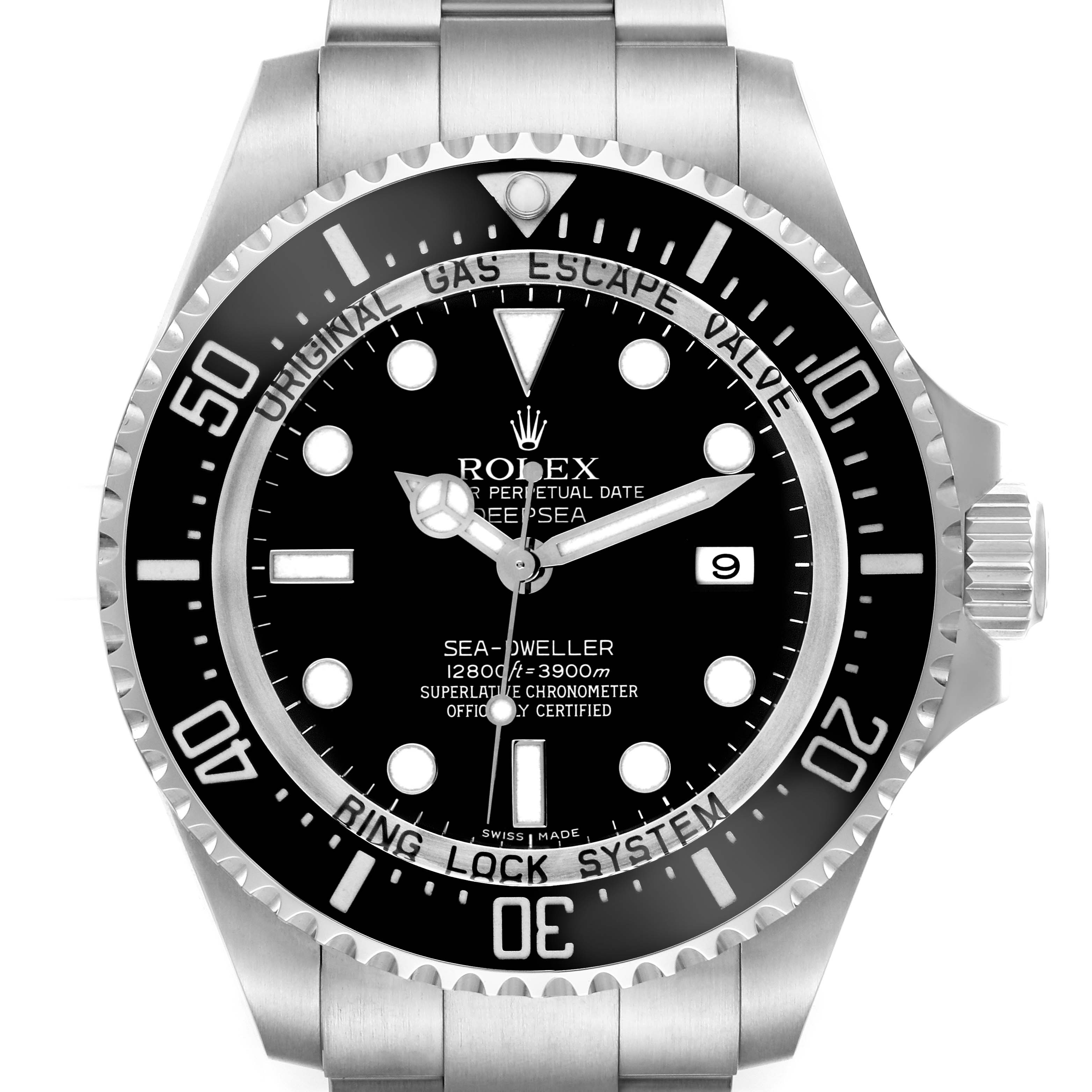 The Rolex Sea-Dweller 116660 Men
s Stainless Steel Black Dial watch is shown from the front, displaying the dial, bezel, and partial bracelet in detail.