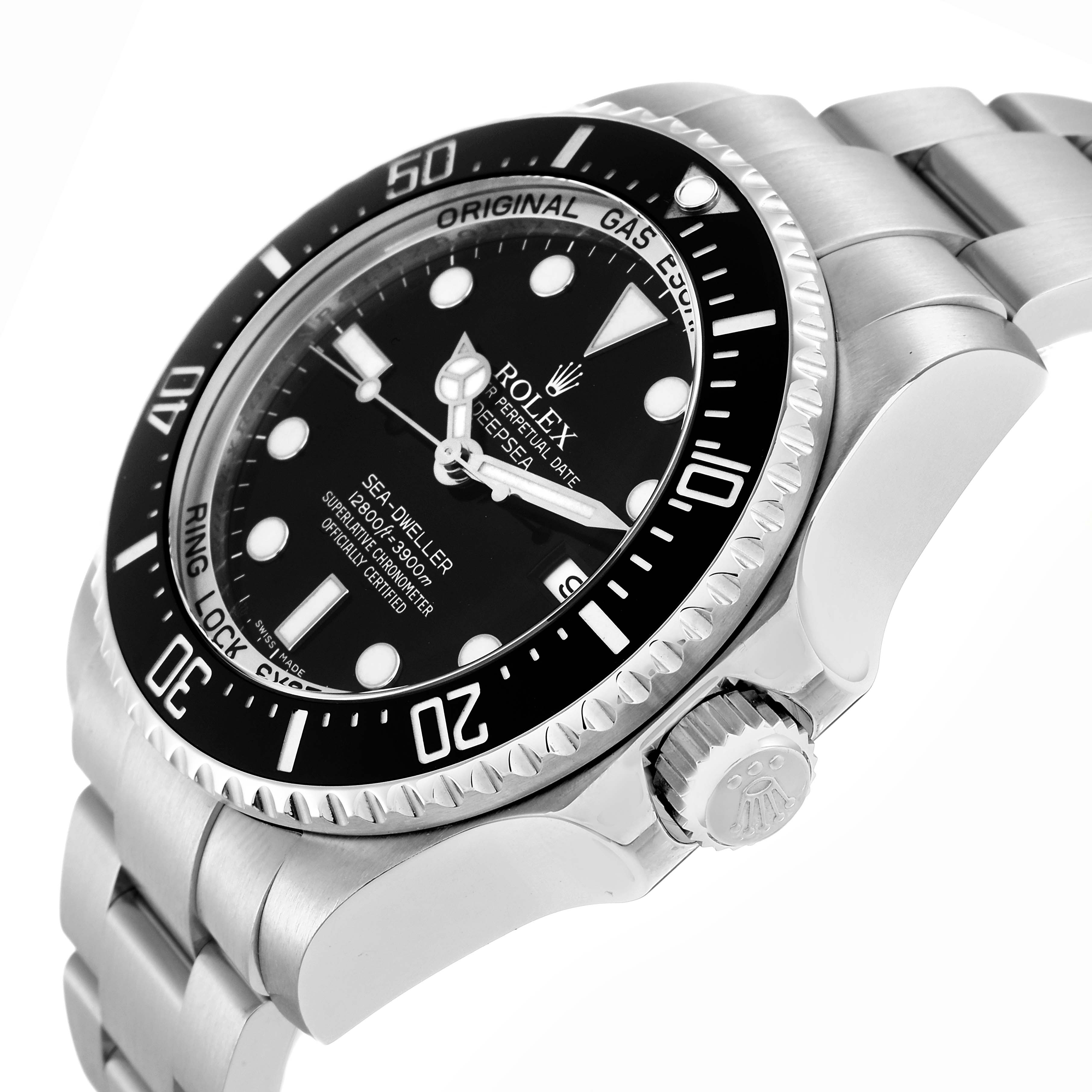 The Rolex Sea-Dweller 116660 Men
s Stainless Steel Black Dial watch is shown at an angled side view, highlighting the bezel, dial, crown, and part of the bracelet.