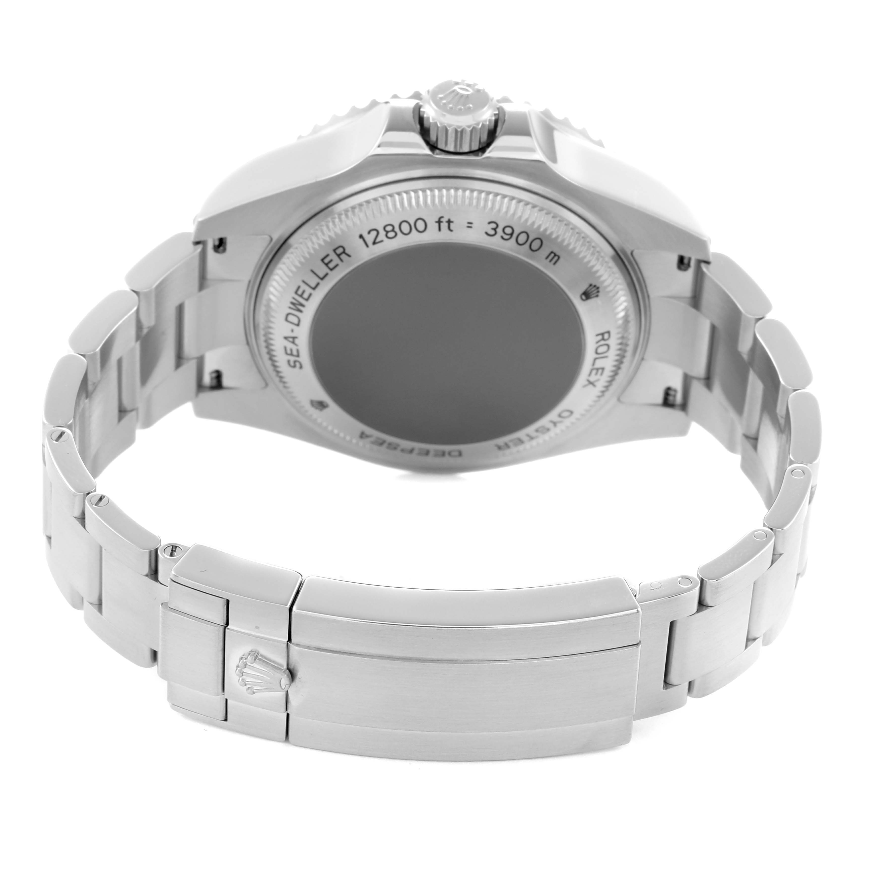 The image shows the back and bracelet of a Rolex Sea-Dweller 116660 Men
s Stainless Steel Black Dial watch, focusing on the case back and clasp.