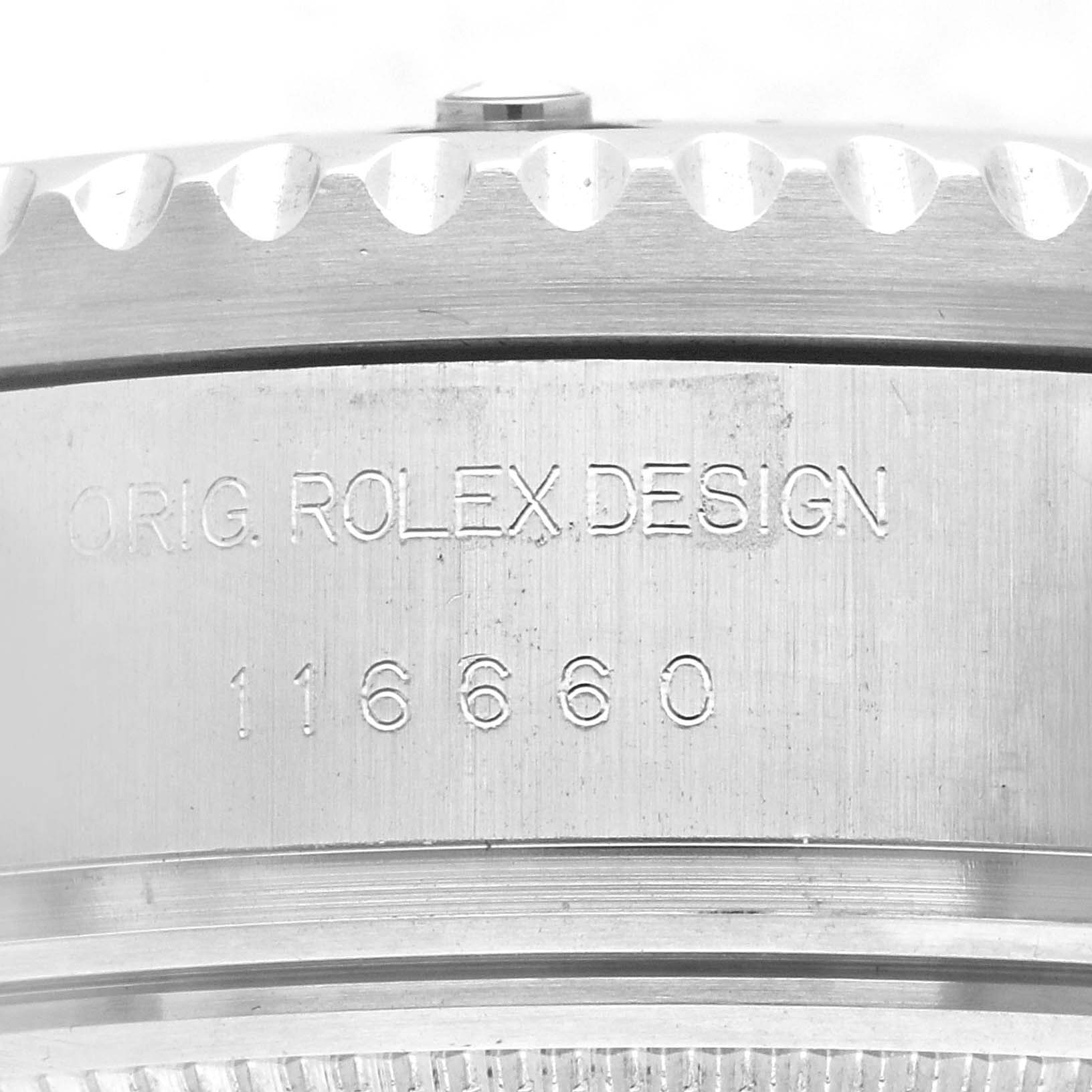 The image shows a close-up of the case side of the Rolex Sea-Dweller 116660 Men
s Stainless Steel Black Dial, highlighting its engraved model number.