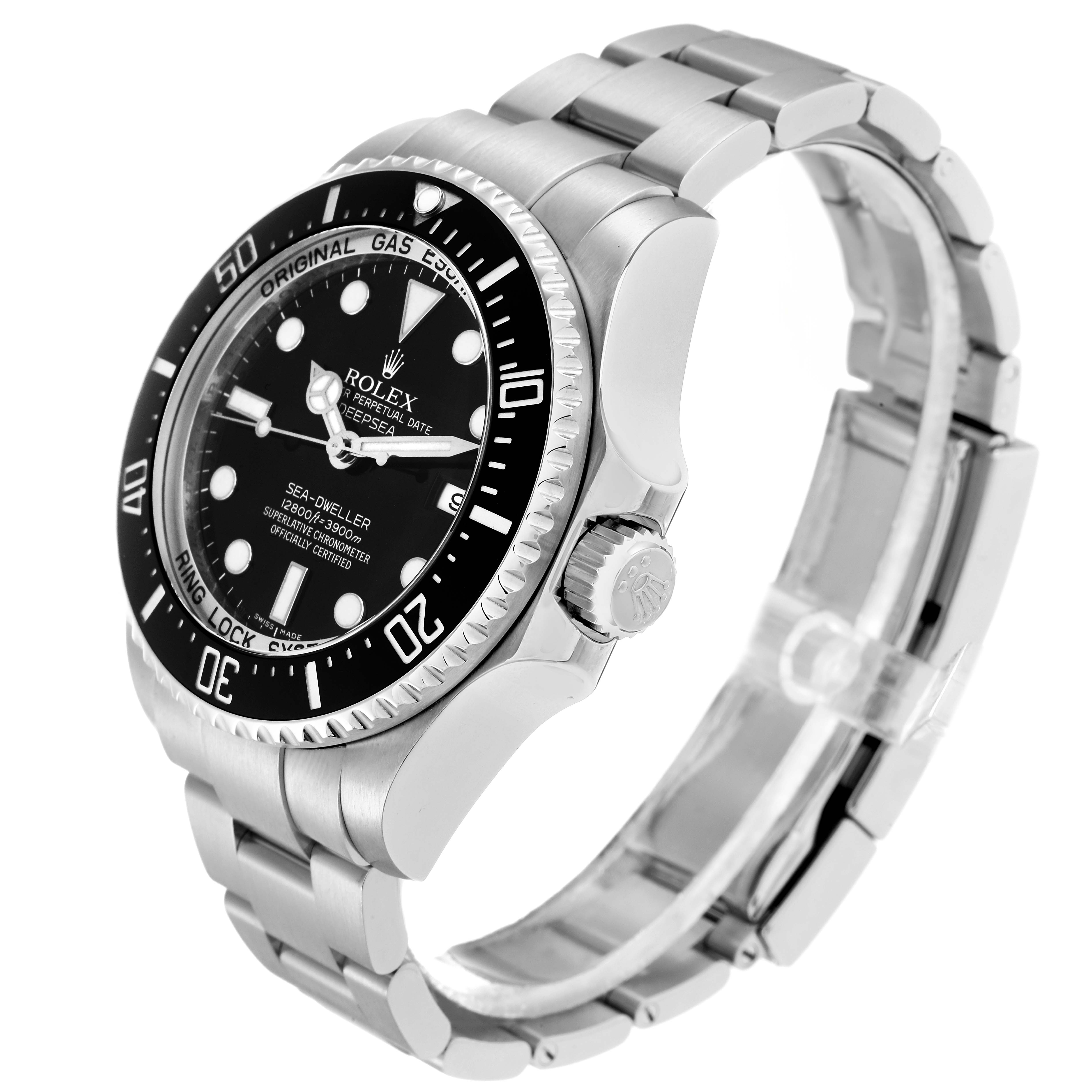 The Rolex Sea-Dweller 116660 Men
s Stainless Steel Black Dial is shown at an angled side view, displaying its bezel, dial, crown, and bracelet.
