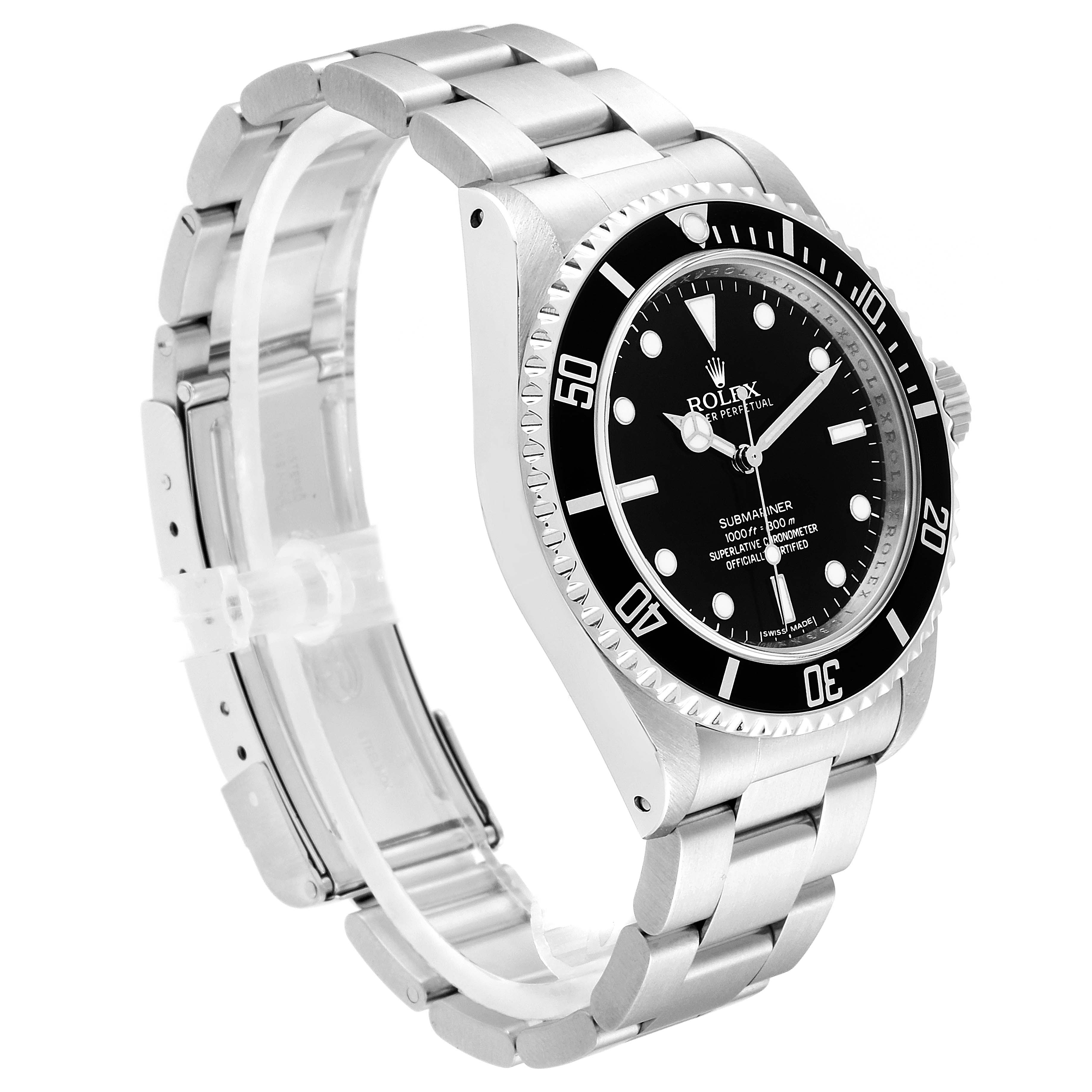 The image shows a side angle of the Rolex Submariner 14060 Men's Stainless Steel Black Dial 14060 Men's Stainless Steel Black Dial watch, highlighting the bezel, dial, bracelet, and clasp.