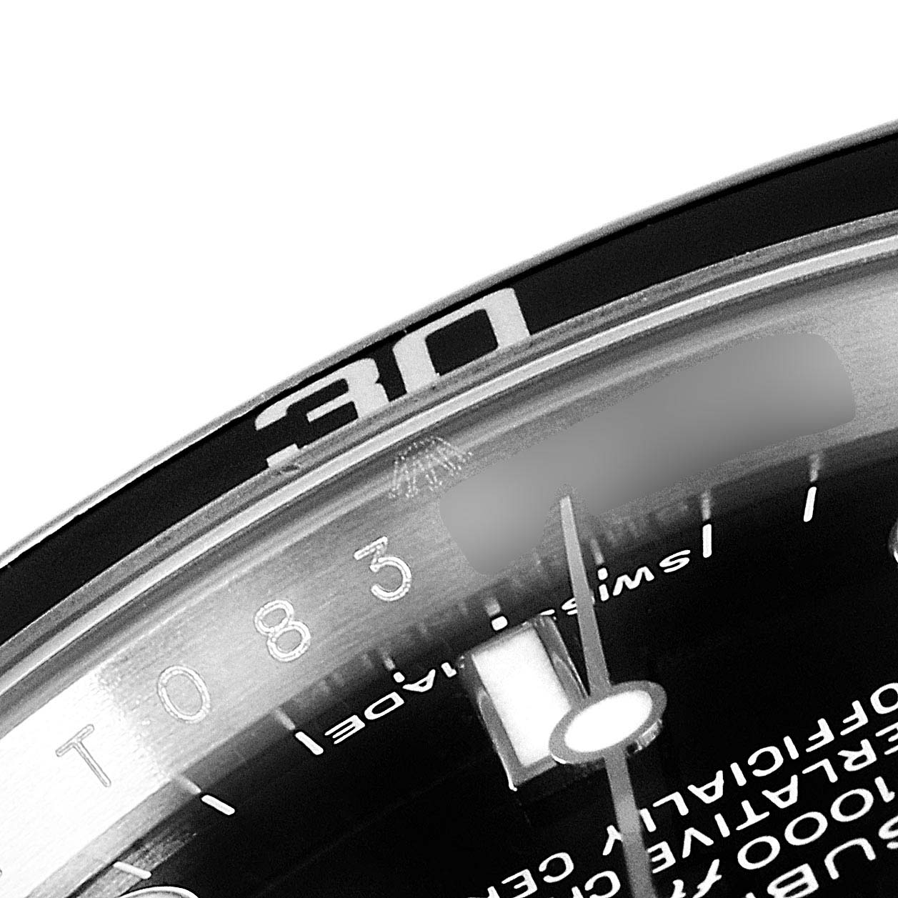 The image shows a close-up angle of the bezel and dial of a Rolex Submariner 14060 Men's Stainless Steel Black Dial 14060 Men's Stainless Steel Black Dial watch, focusing on the "30" marker.