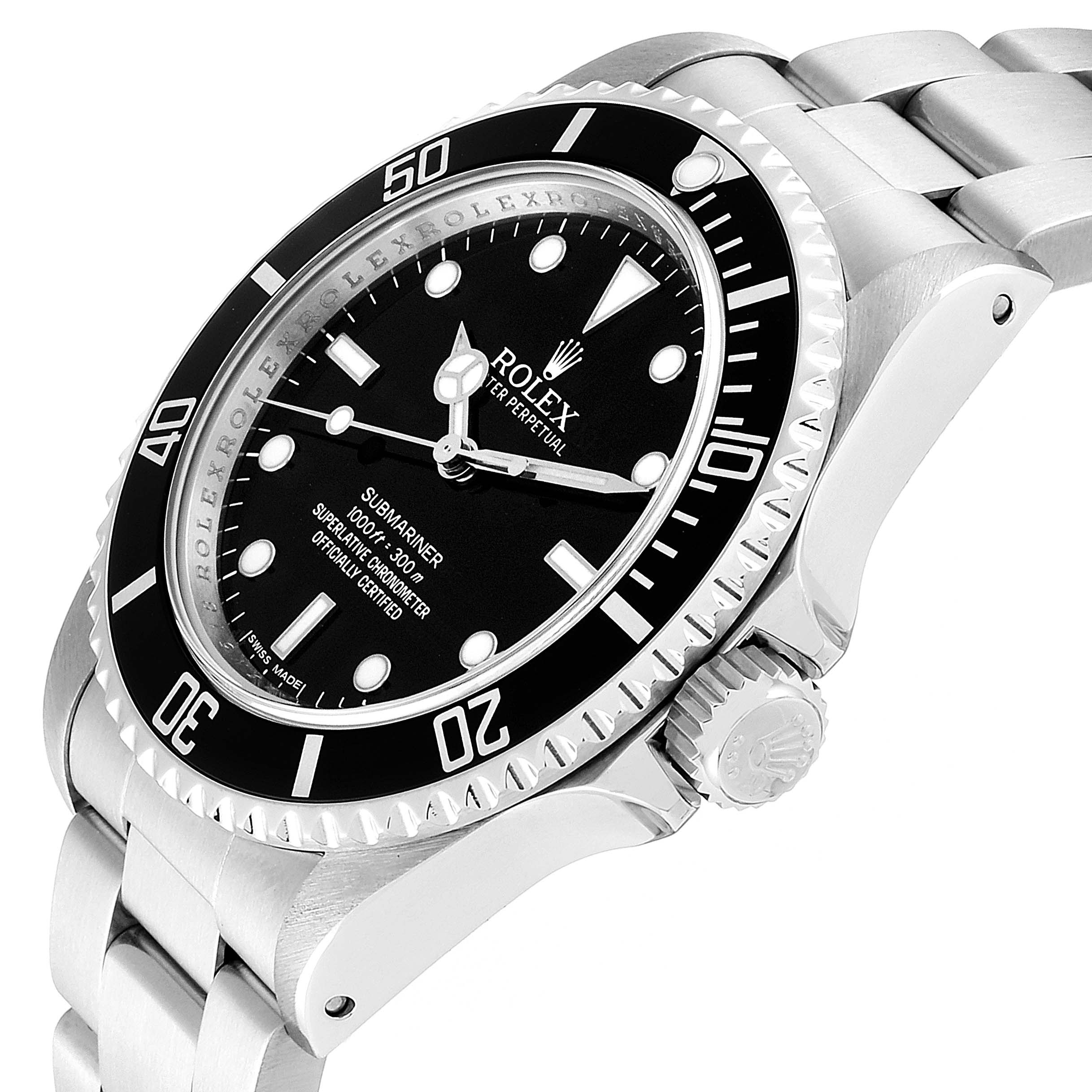 The image shows a Rolex Submariner 14060 Men's Stainless Steel Black Dial 14060 Men's Stainless Steel Black Dial watch from an angled side view, highlighting the dial, bezel, and part of the bracelet.