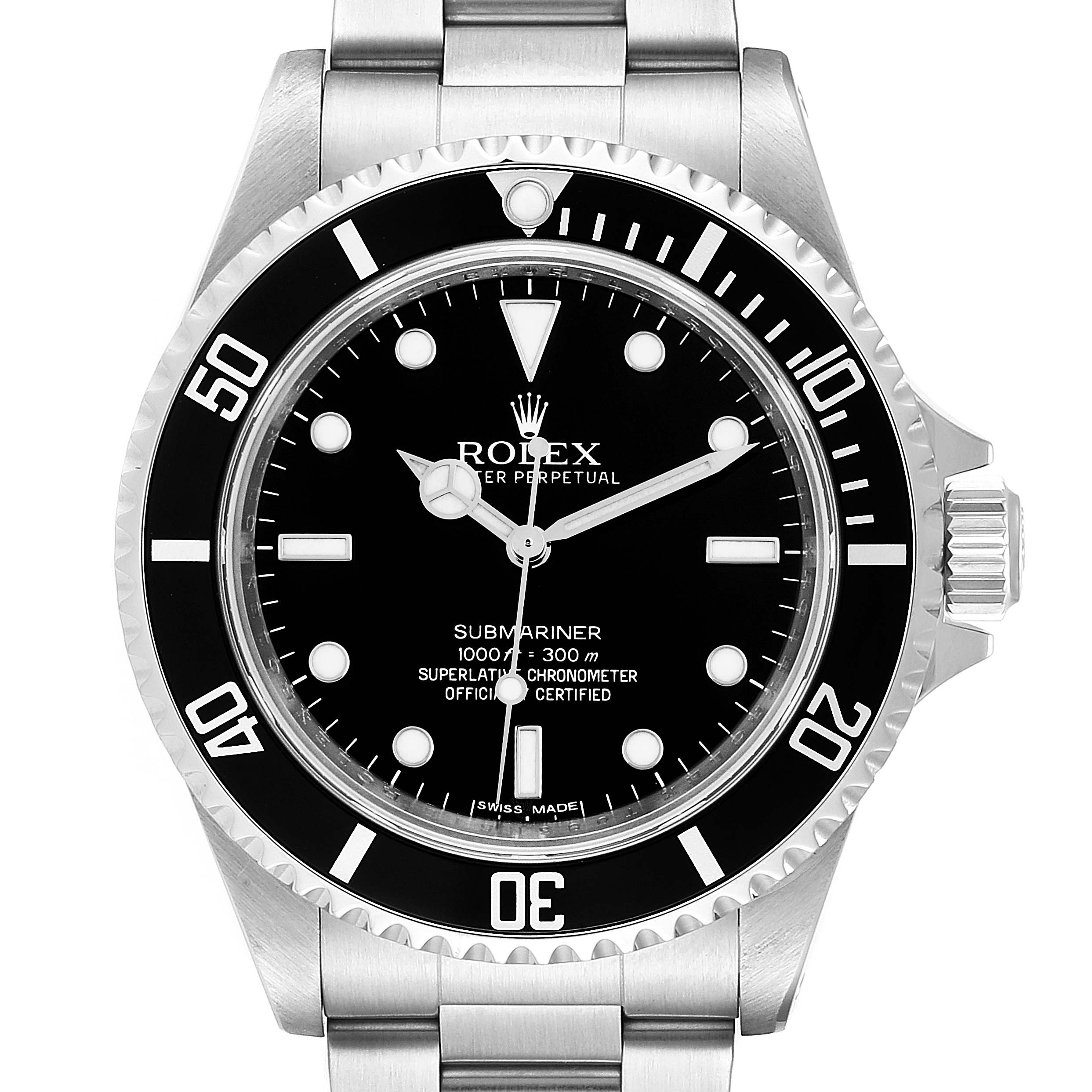 The image shows a frontal view of a Rolex Submariner 14060 Men's Stainless Steel Black Dial 14060 Men's Stainless Steel Black Dial watch, displaying its dial, bezel, hands, case, and part of the bracelet.
