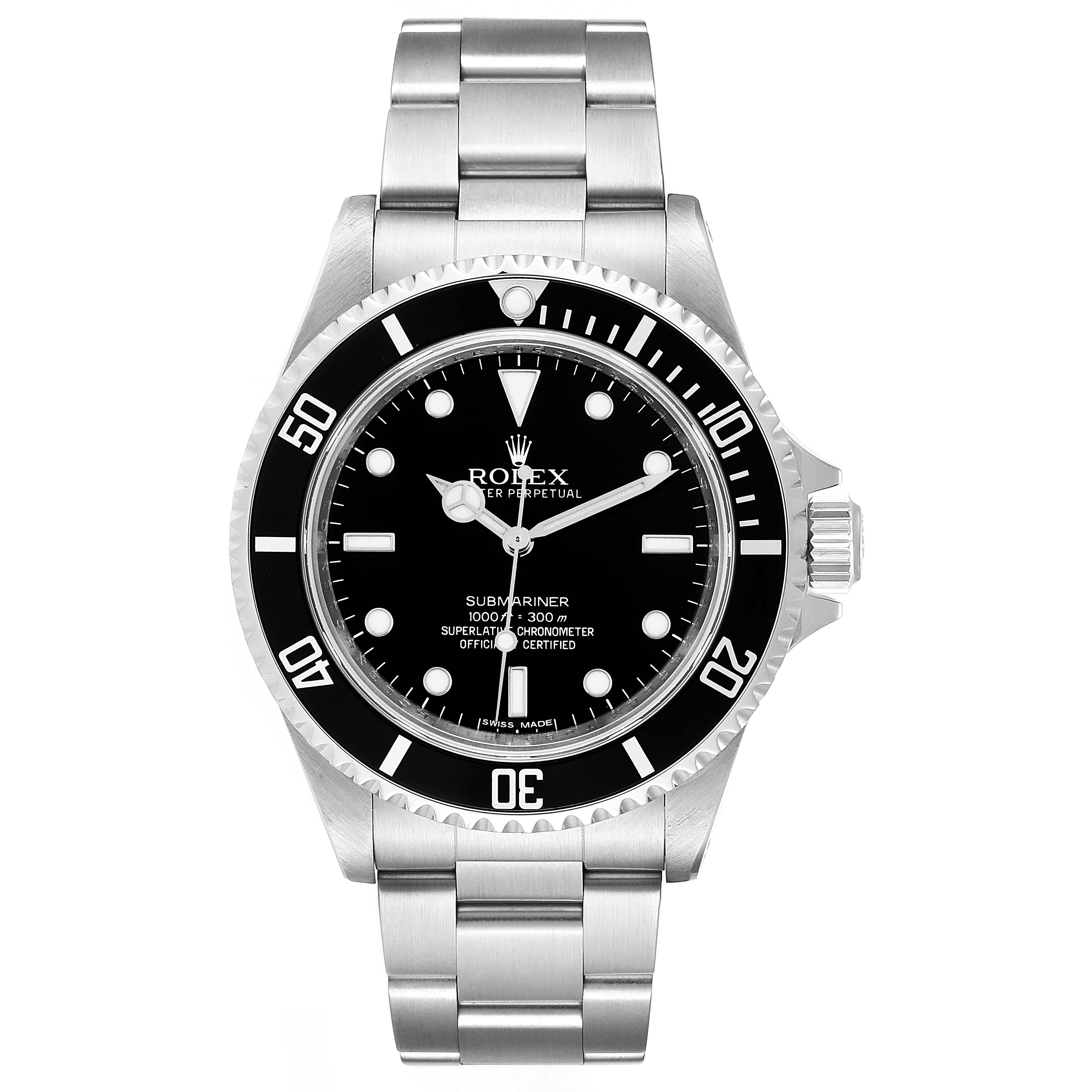 This image shows a front view of a Rolex Submariner 14060 Men's Stainless Steel Black Dial 14060 Men's Stainless Steel Black Dial watch, displaying the dial, bezel, case, and bracelet.