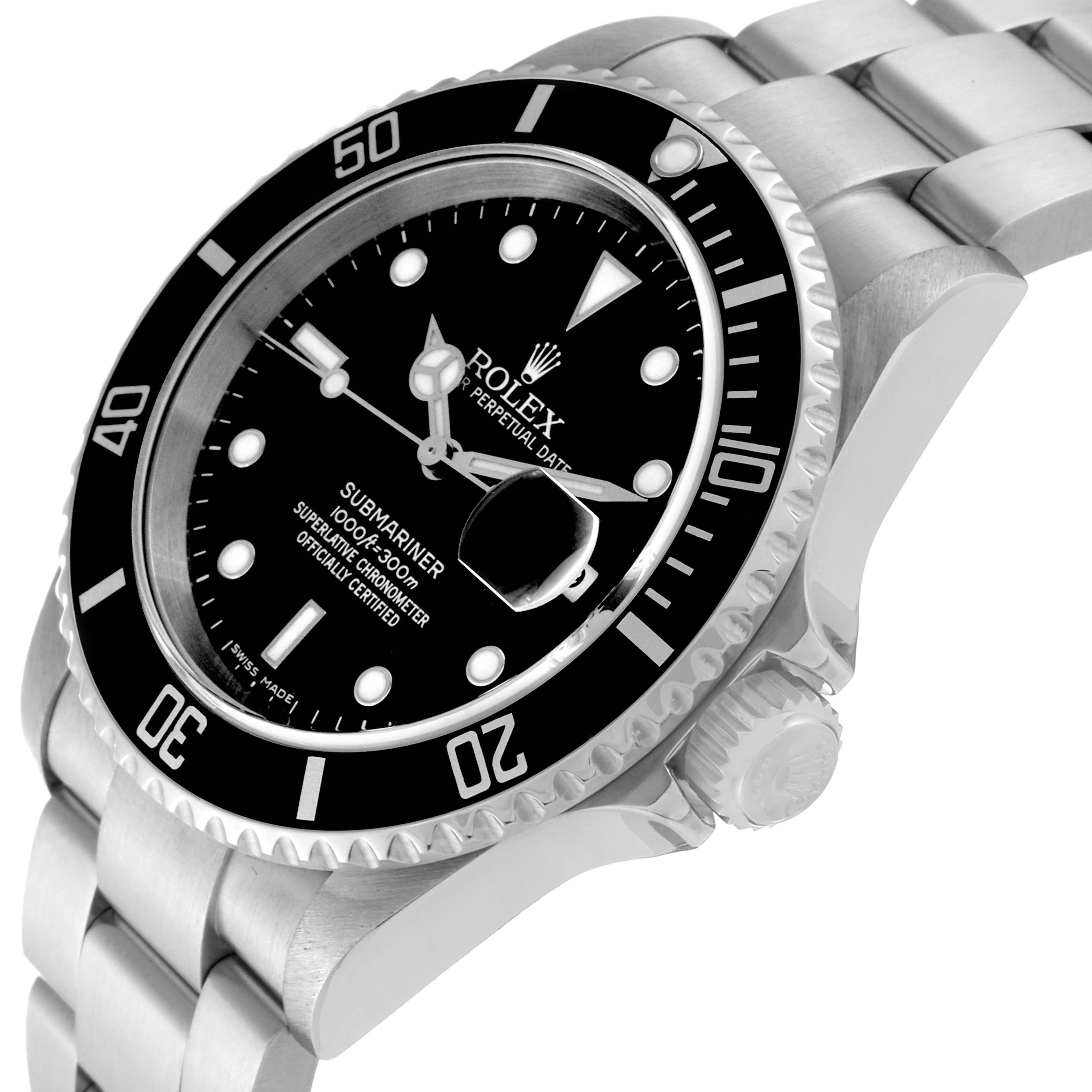 This image shows a Rolex Submariner 16610 Men's Stainless Steel Black Dial 16610 Men's Stainless Steel Black Dial watch from an angled side view, highlighting the dial, bezel, crown, and bracelet.